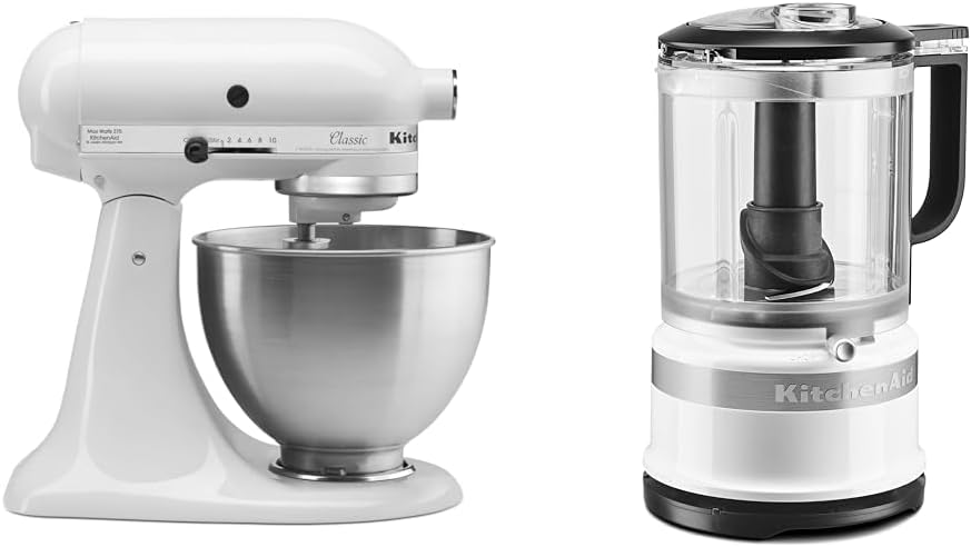 KitchenAid Classic Series 4.5 Quart Tilt-Head Stand Mixer K45SS, White & 5 Cup Food Chopper - KFC0516, Contour Silver