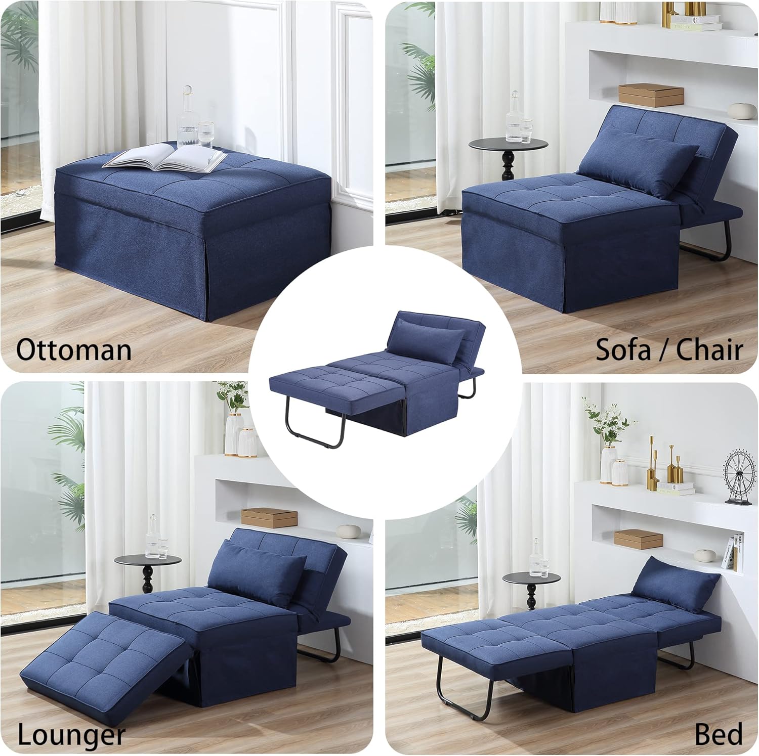 Sofa Bed, 4 in 1 Multi-Function Folding Ottoman Breathable Linen Couch Bed with Adjustable Backrest Modern Convertible Chair for Living Room Apartment Office