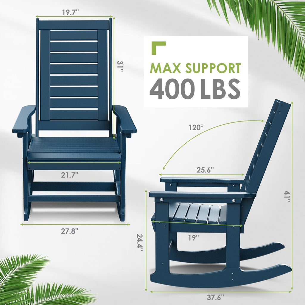 GREENVINES Outdoor Rocking Chairs | Set of 2 | Porch Rocker | HDPE Plastic | Black | Oversized Rockers | High Back | Big & Tall | Ladder Back | for Patio Outside Backyard Balcony Garden