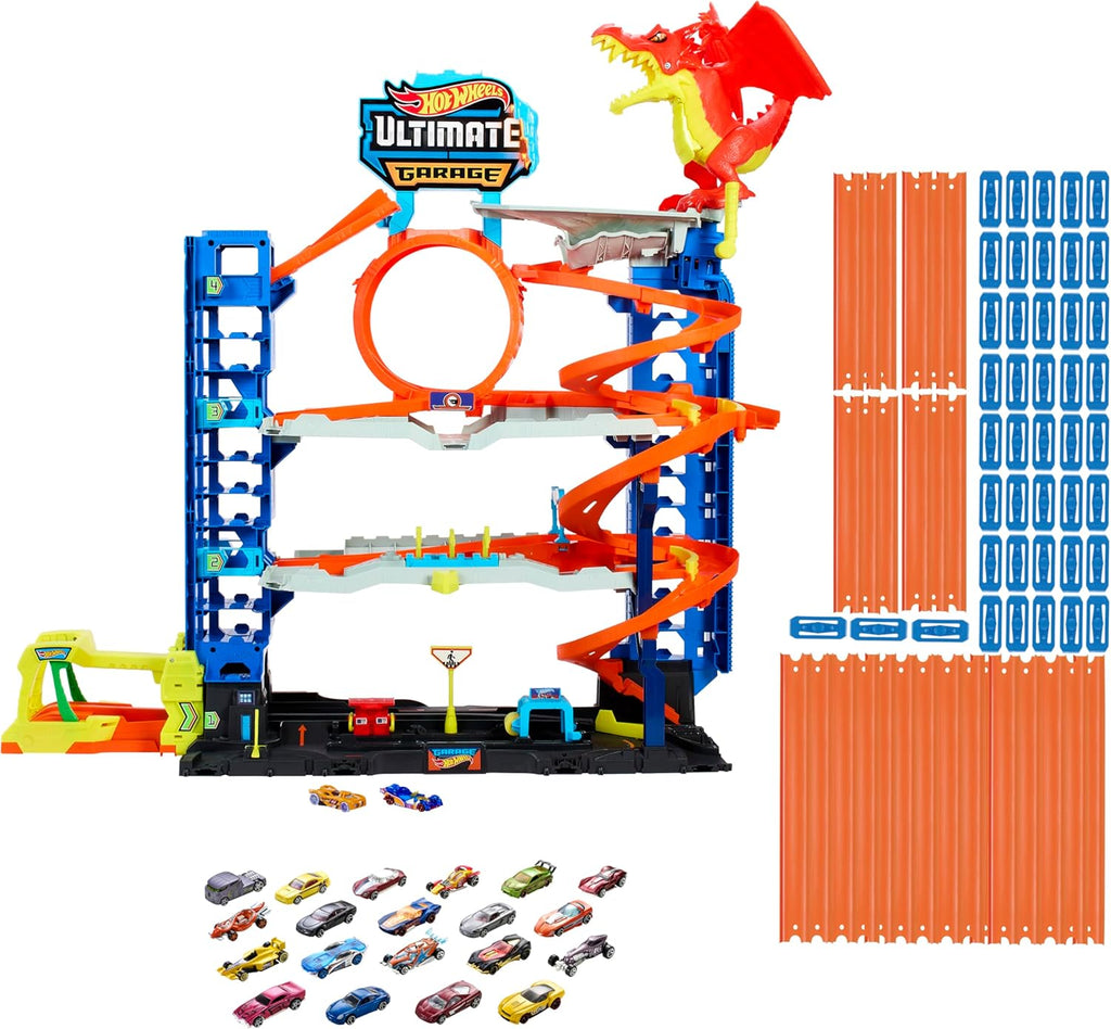 Hot Wheels City Ultimate Garage Playset with 2 Die-Cast Cars, Toy Storage for 50+ 1:64 Scale Cars, 4 Levels of Track Play + 50-Pack of 1:64 Scale Vehicles