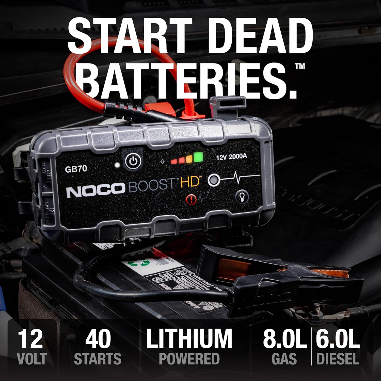NOCO Boost HD GB70 2000A UltraSafe Car Battery Jump Starter, 12V Battery Booster Pack, Jump Box, Portable Charger and Jumper Cables for 8.0L Gasoline and 6.0L Diesel Engines