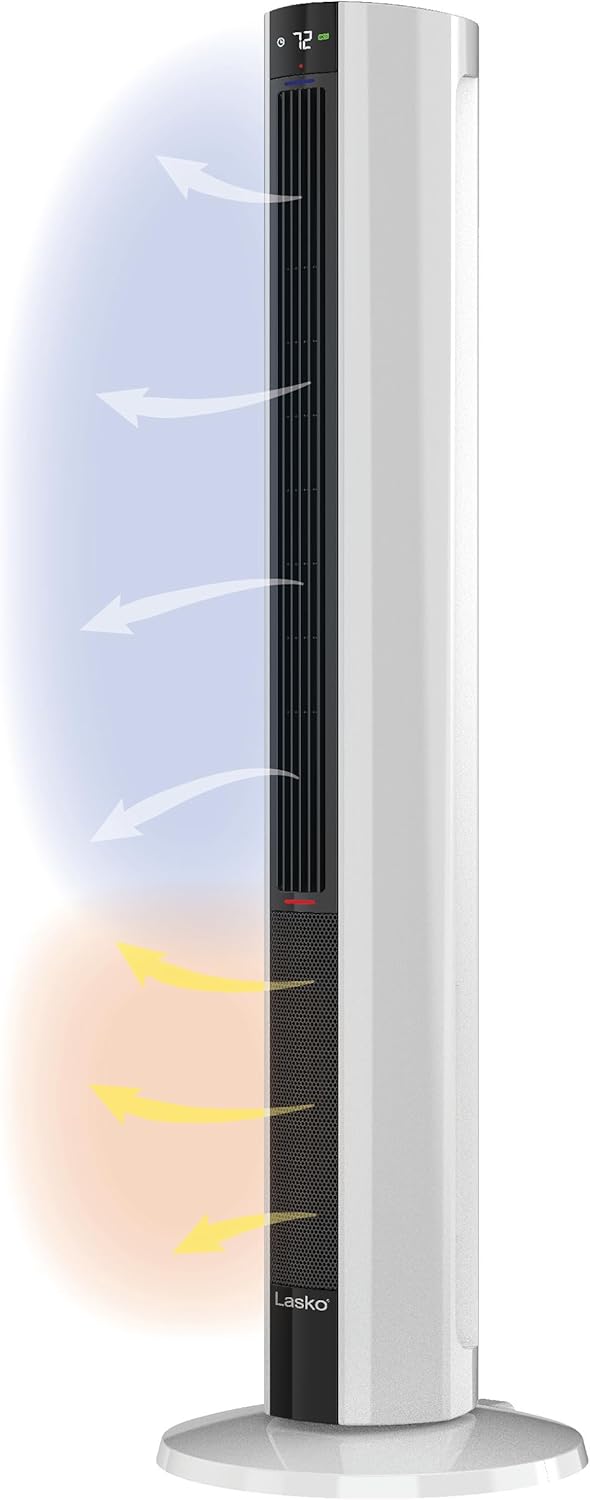 Lasko Oscillating All Season Tower Fan and Space Heater in One for Home with Adjustable Thermostat, Tip-Over Switch, 4 Fan Speeds, 3 Heat Settings and Remote Control, 42 Inches, 1500W, Gray, FH515