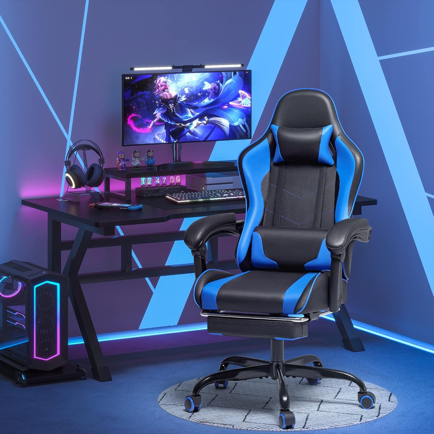 Homall Gaming Chair, Video Game Chair with Footrest and Massage Lumbar Support, Ergonomic Computer Chair Height Adjustable with Swivel Seat and Headrest (Grey)