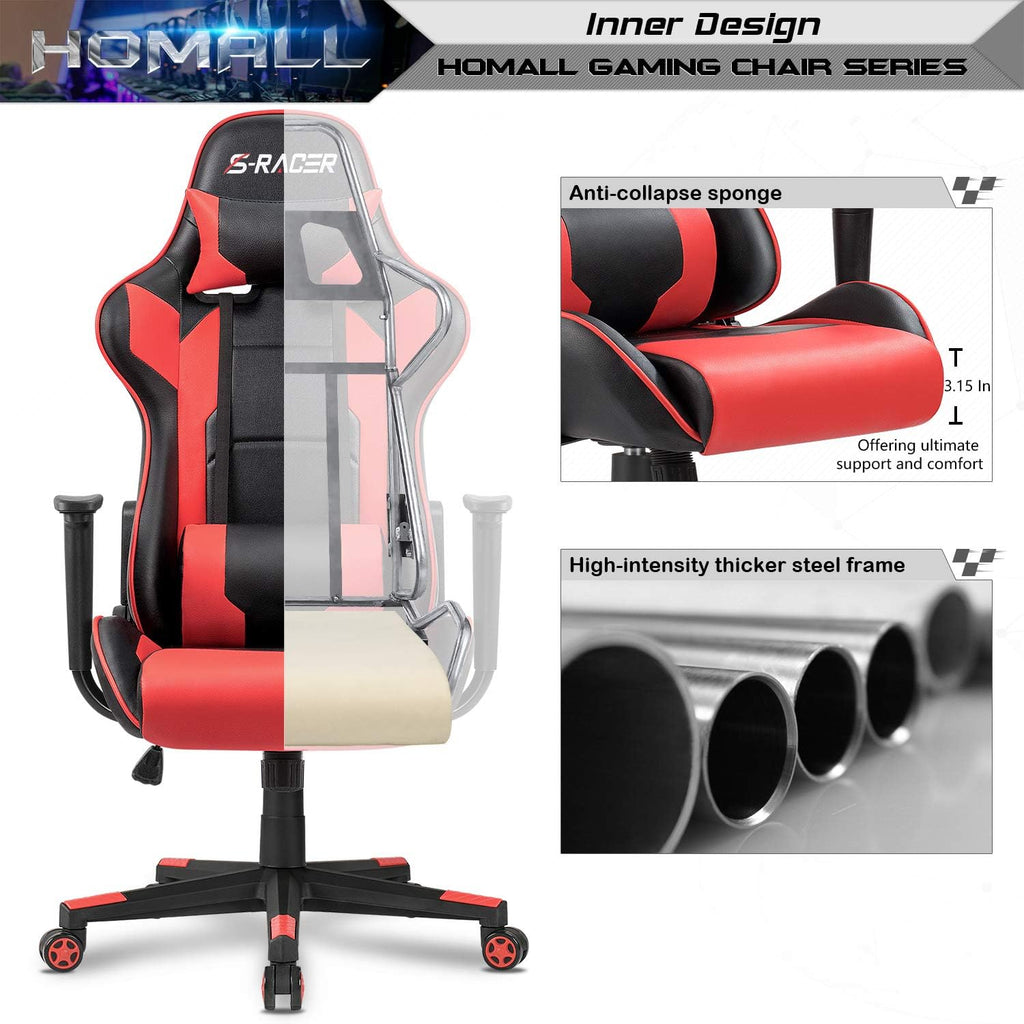 Homall Gaming Chair, Office Chair High Back Computer Chair Leather Desk Chair Racing Executive Ergonomic Adjustable Swivel Task Chair with Headrest and Lumbar Support (Dark Black)