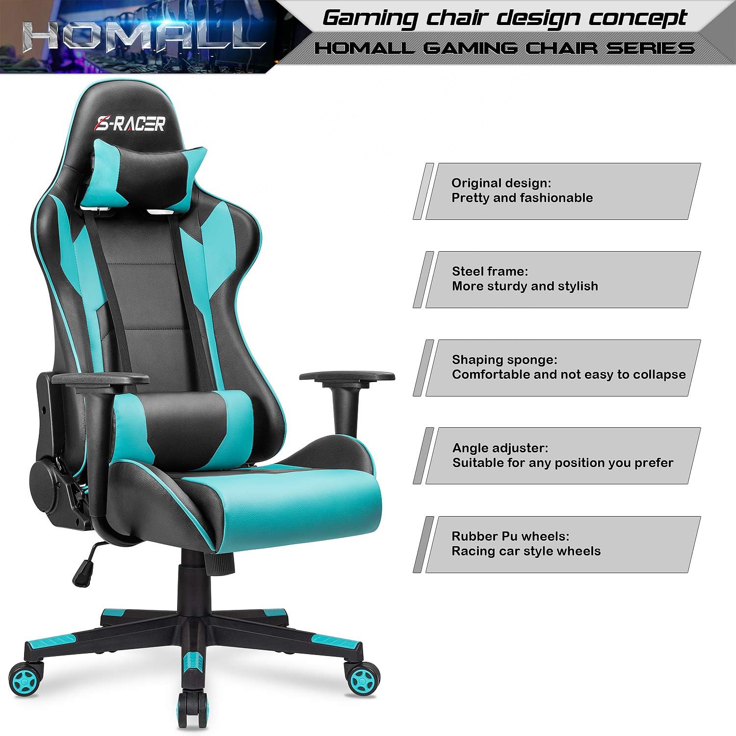 Homall Gaming Chair, Office Chair High Back Computer Chair Leather Desk Chair Racing Executive Ergonomic Adjustable Swivel Task Chair with Headrest and Lumbar Support (Dark Black)