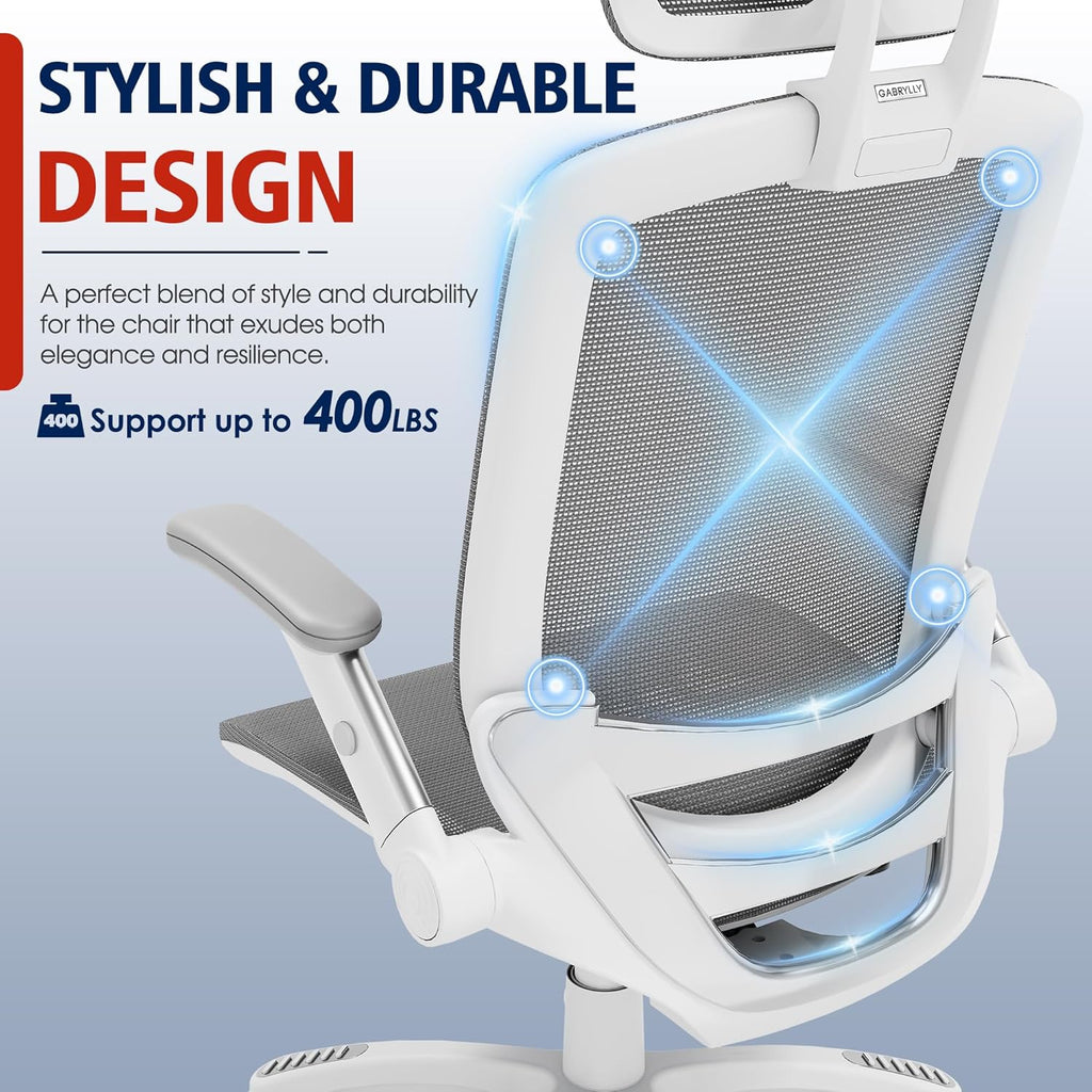 GABRYLLY Ergonomic Office Chair, High Back Home Desk Chair with Headrest, Flip-Up Arms, 90-120° Tilt Lock and Wide Cushion, Big and Tall Mesh Chairs for Man Woman, Grey Task Chair