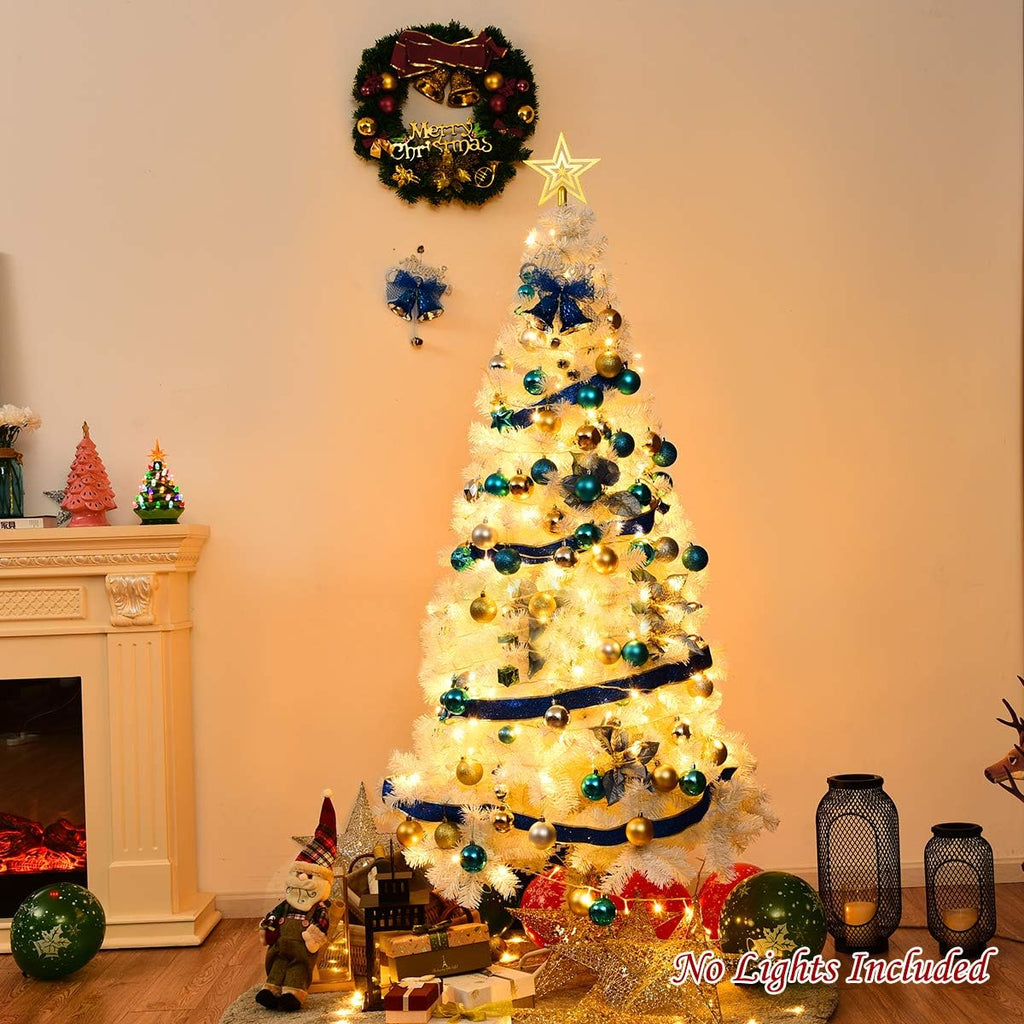 Goplus 7ft Artificial White Christmas Tree Xmas Pine Tree with Solid Metal Legs Perfect for Indoor and Outdoor Holiday Decoration