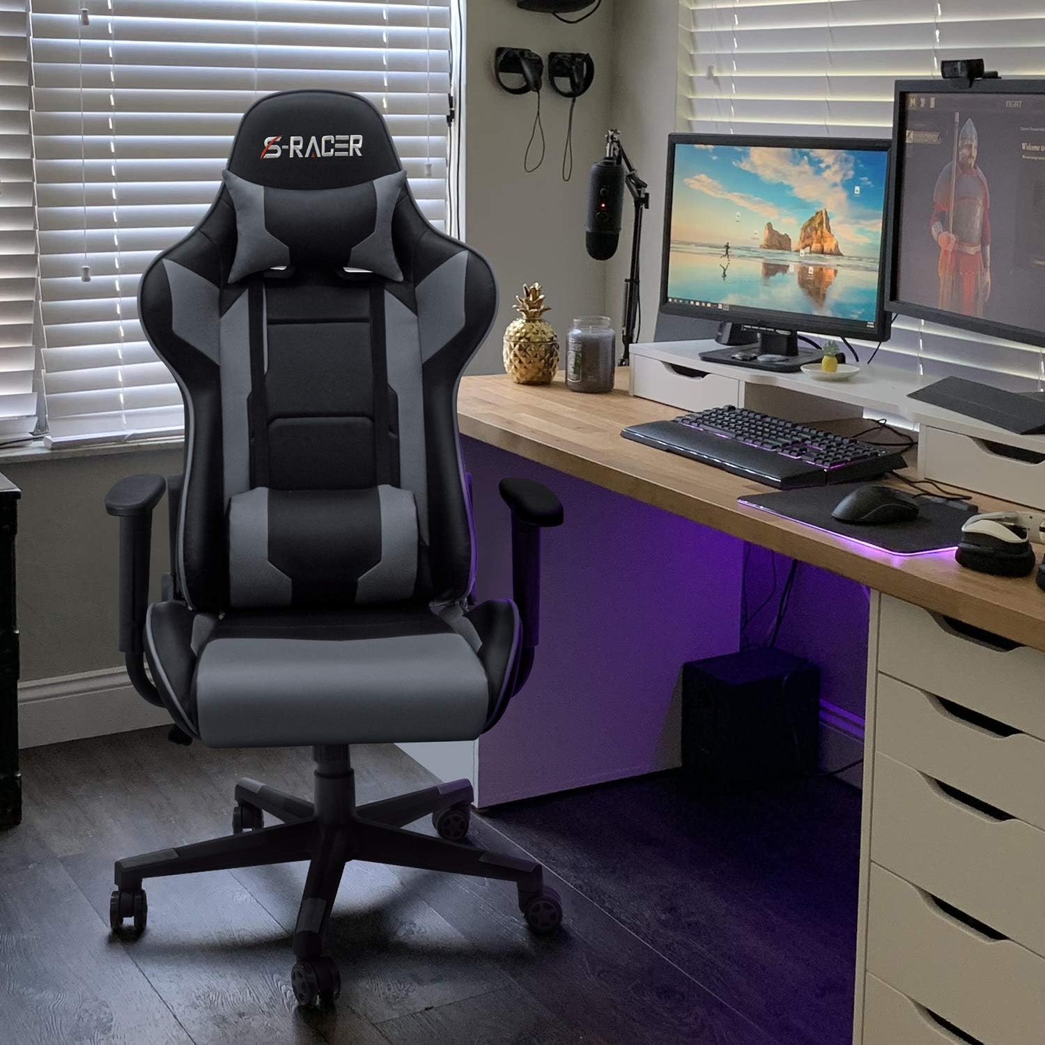 Homall Gaming Chair, Office Chair High Back Computer Chair Leather Desk Chair Racing Executive Ergonomic Adjustable Swivel Task Chair with Headrest and Lumbar Support (Dark Black)