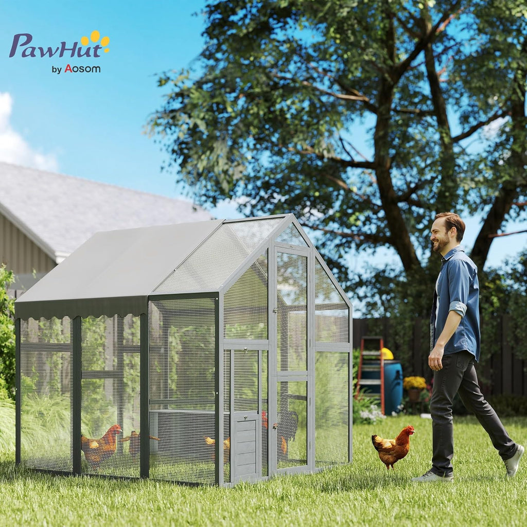 PawHut Large Chicken Run, Wooden Chicken Coop with Waterproof & Anti-UV Cover, Split Door, 4 Nesting Boxes, Roosting Bar, Walk-in Chicken Pen for 8-12 Chickens, for Backyard, Farm, 9' x 6' x 6'