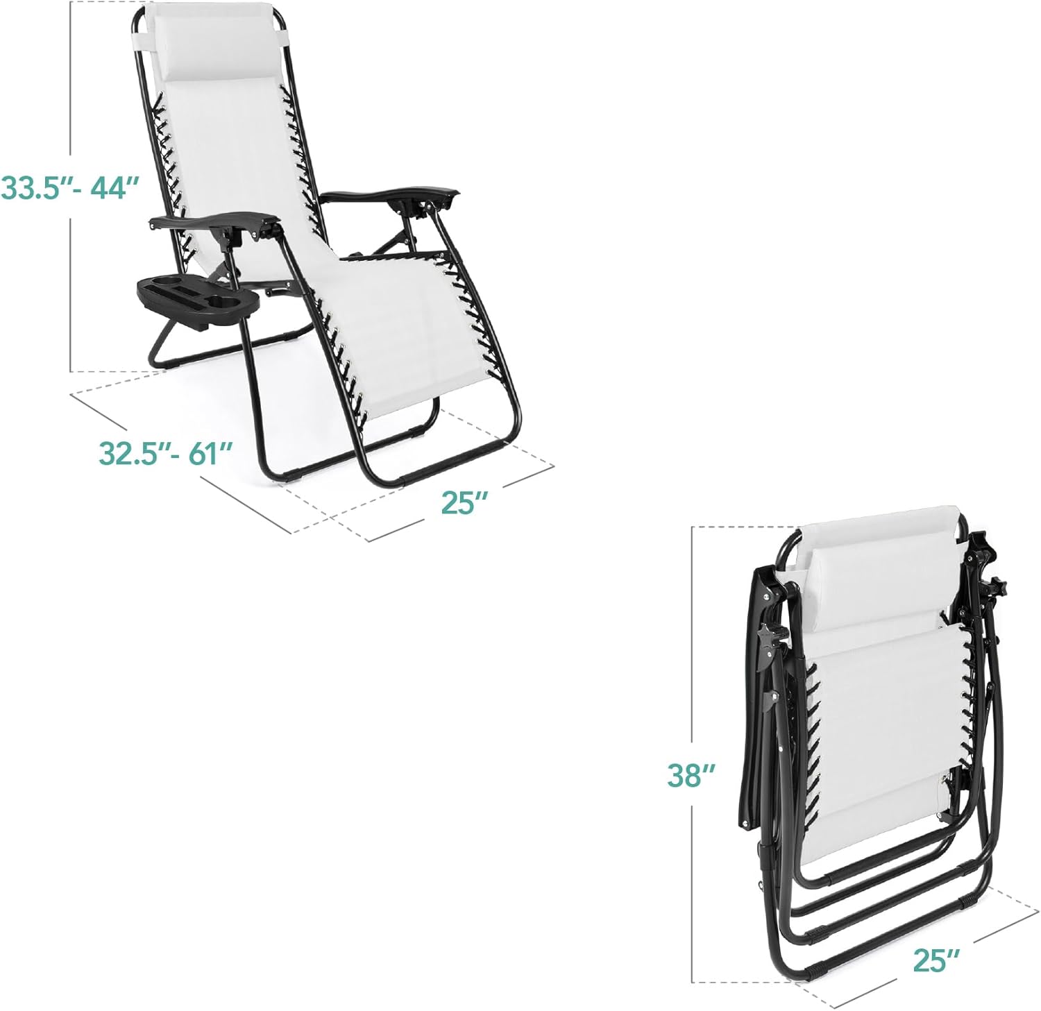 Best Choice Products Set of 2 Adjustable Steel Mesh Zero Gravity Lounge Chair Recliners w/Pillows and Cup Holder Trays - Beige