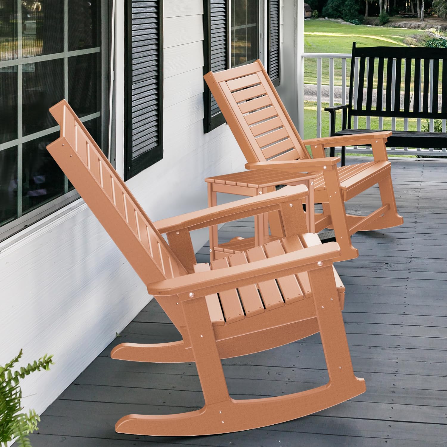 GREENVINES Outdoor Rocking Chairs | Set of 2 | Porch Rocker | HDPE Plastic | Black | Oversized Rockers | High Back | Big & Tall | Ladder Back | for Patio Outside Backyard Balcony Garden