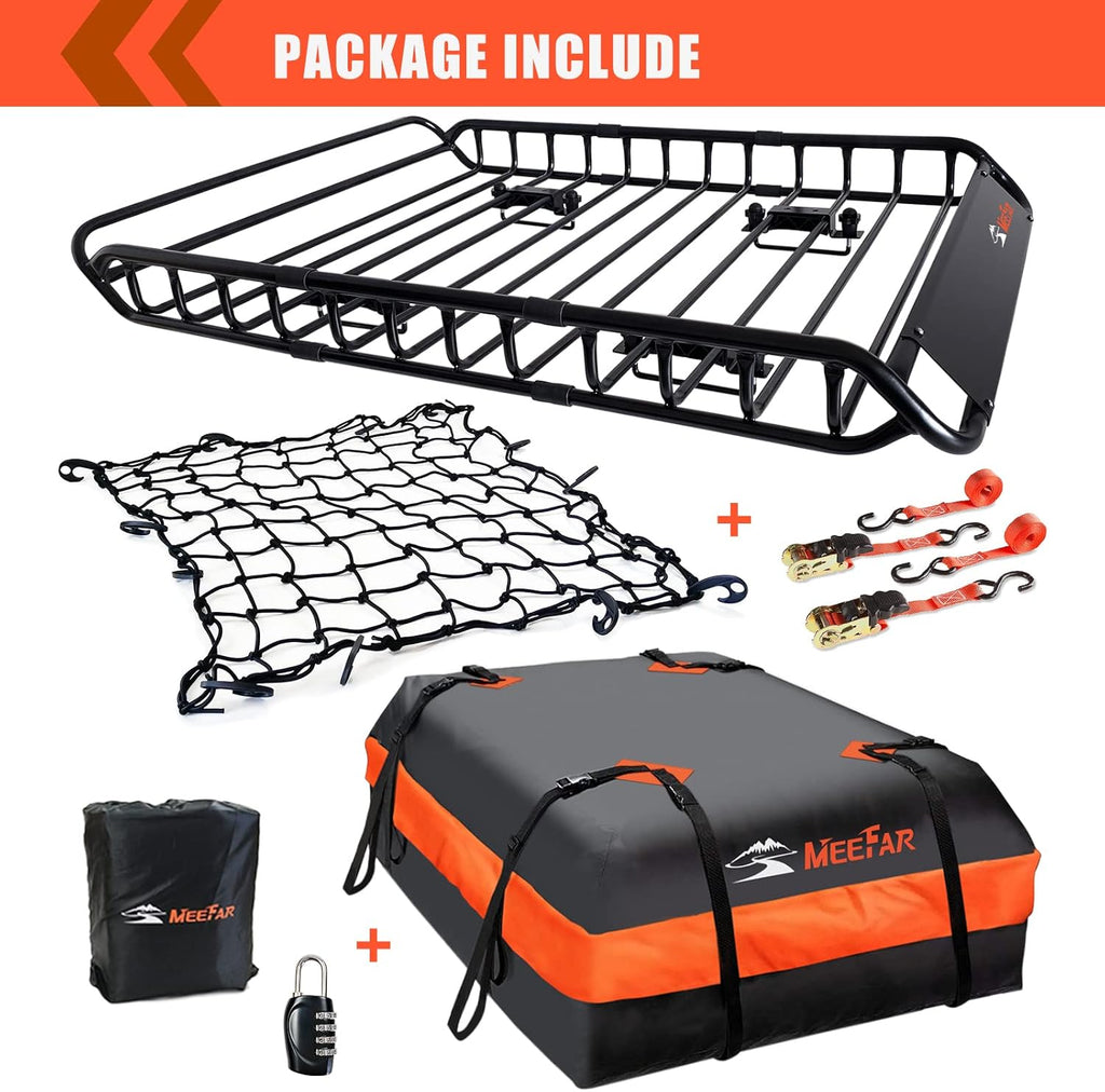 MeeFar High Rail Trailer Folding Hitch Mount Cargo Carrier Basket 60" X 24" X 14"+Waterproof Cargo Bag 20 cu ft(59" 24" 24"), Capacity of 500 Lbs with Hitch Stabilizer, Net, Lock and Straps