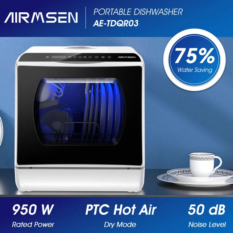 AIRMSEN 16.8" 50 dBA Portable Countertop Dishwasher with 5L Built-in Water Tank