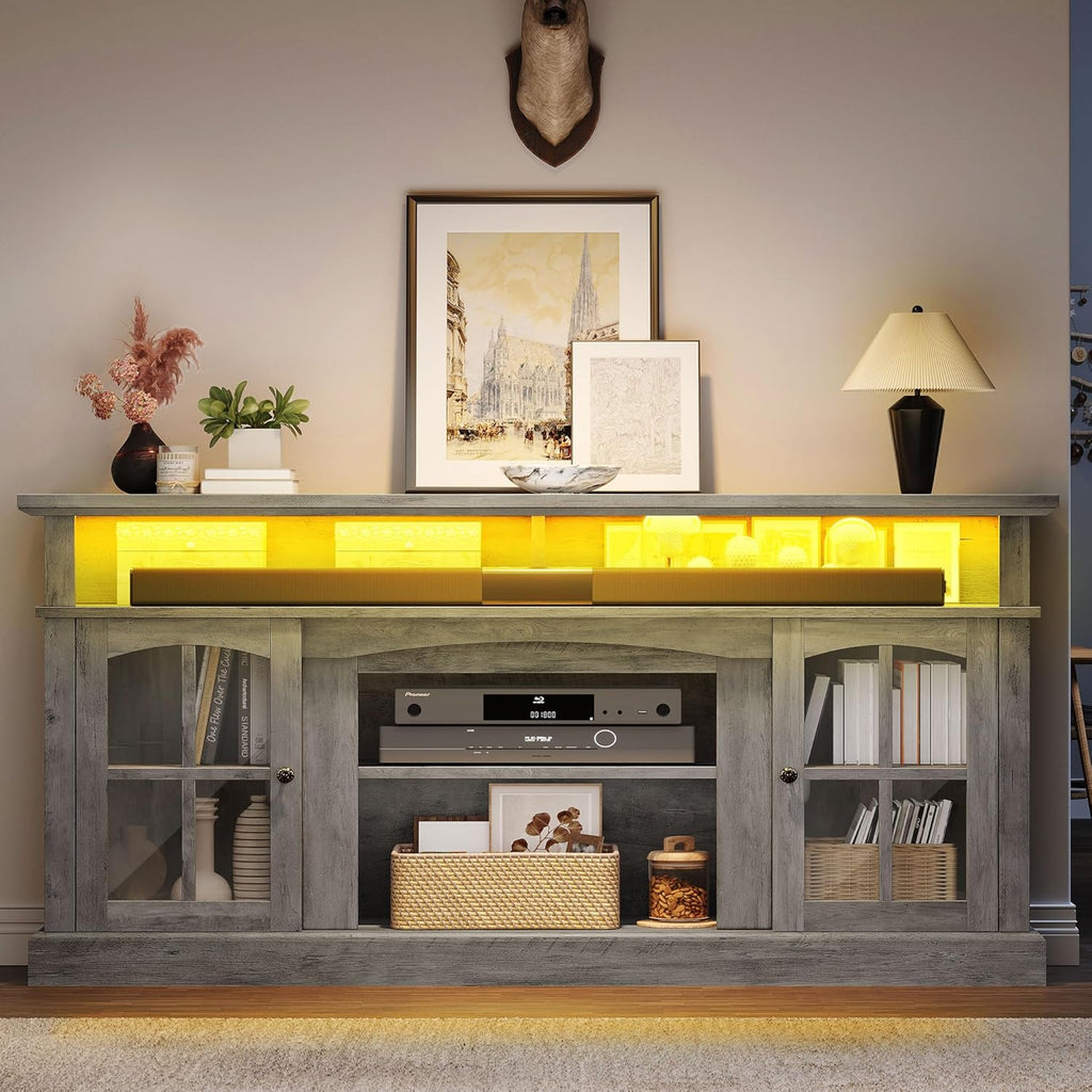 LED Farmhouse TV Stand for TV up to 75" w/Outlets, Highboy Media Entertainment Center Console Table Adjustable Storage Shelves &Cabinet Glass Door for 400lbs for Living Room