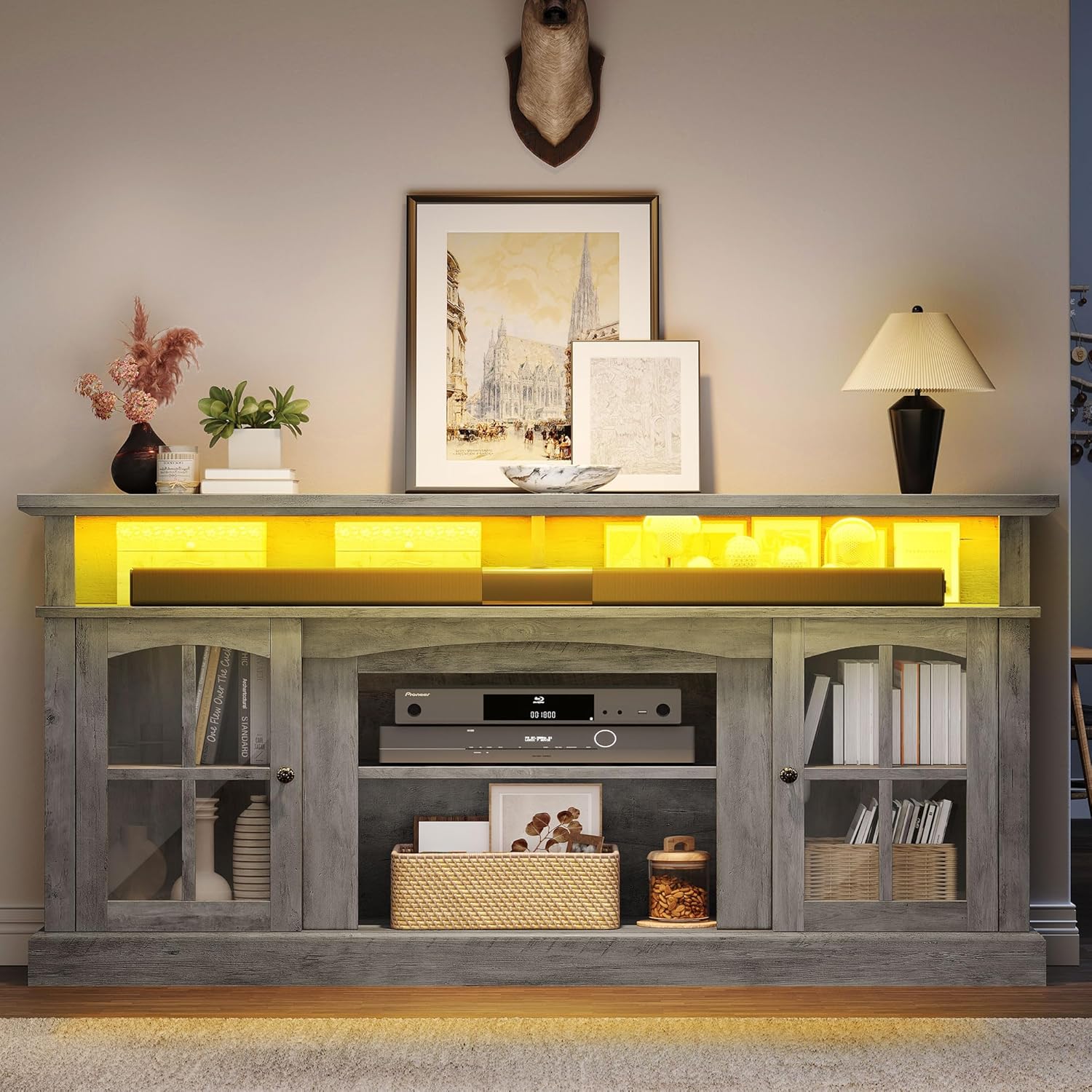 LED Farmhouse TV Stand for TV up to 75" w/Outlets, Highboy Media Entertainment Center Console Table Adjustable Storage Shelves &Cabinet Glass Door for 400lbs for Living Room