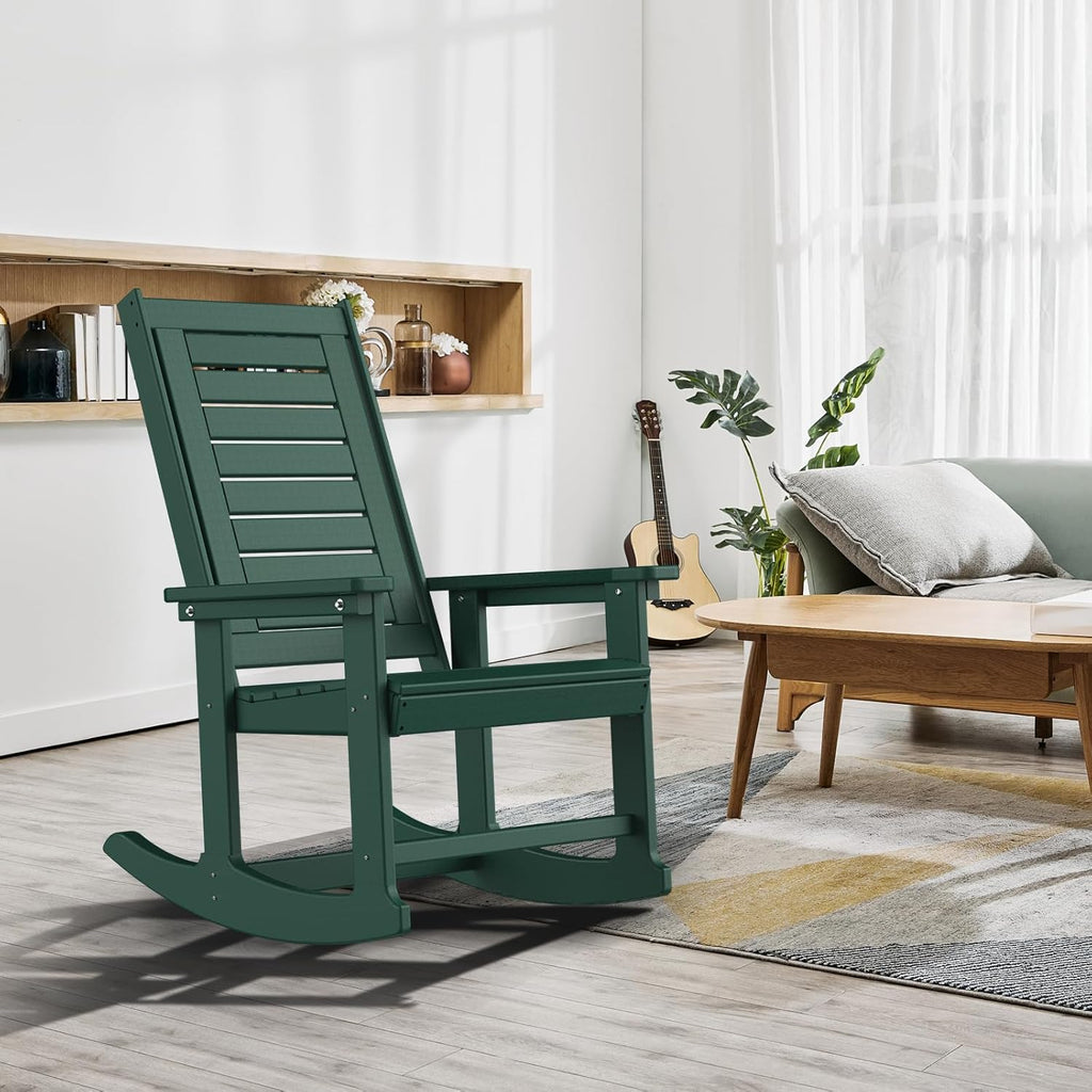 GREENVINES Outdoor Rocking Chairs | Set of 2 | Porch Rocker | HDPE Plastic | Black | Oversized Rockers | High Back | Big & Tall | Ladder Back | for Patio Outside Backyard Balcony Garden