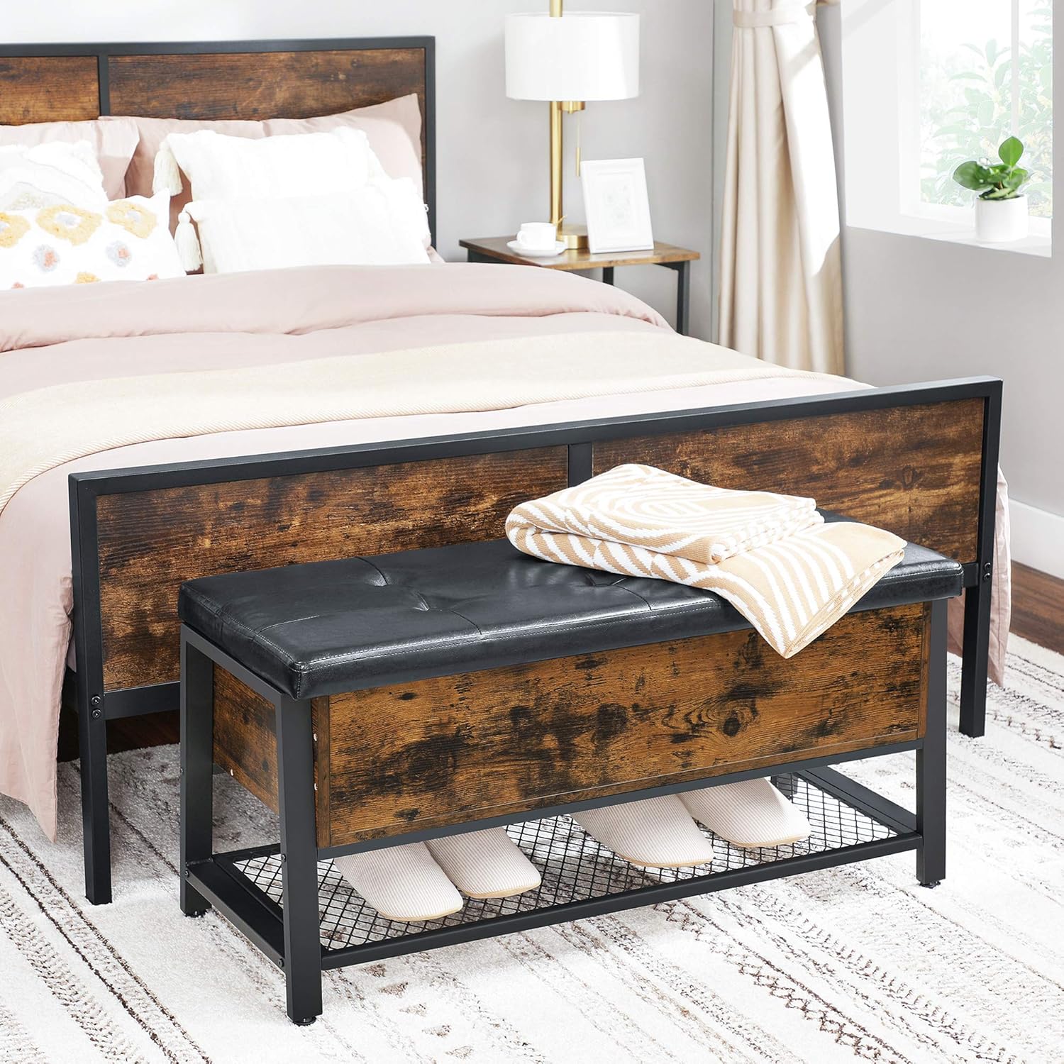 VASAGLE Shoe Bench, Storage Bench with Cupboard and 9 Open Compartments, Shoe Shelf, Padded Seat, Barn Door, 11.8 x 43.3 x 18.9 Inches, Rustic Brown ULHS058X01