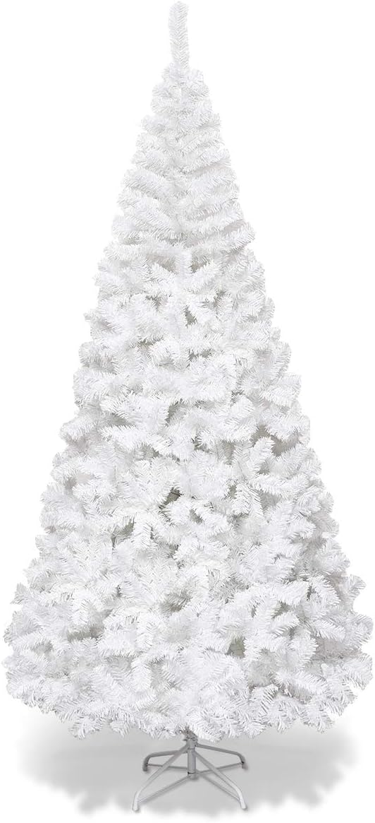 Goplus 7ft Artificial White Christmas Tree Xmas Pine Tree with Solid Metal Legs Perfect for Indoor and Outdoor Holiday Decoration
