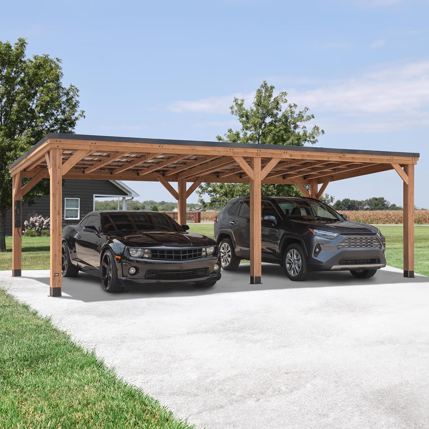 Backyard Discovery Saxony XL 12' x 6' Cedar Wood BBQ Grill Gazebo Pavilion with Hardtop Galvanized Steel Roof, Bar Tops, Powerport, Snow Support, Wind Resistance, Cook Station for Outdoor Patio, Deck