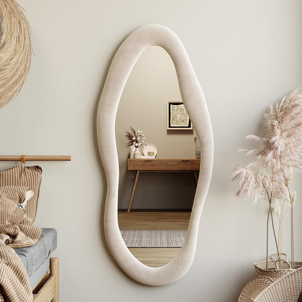 Honyee Full Length Mirror, 63" x 24" Wall Mirror, Flannel Wrapped Wooden Frame Full Body Mirror, Irregular Wavy Mirror Hanging or Leaning Against Wall for Cloakroom/Bedroom/Living Room, Ivory White