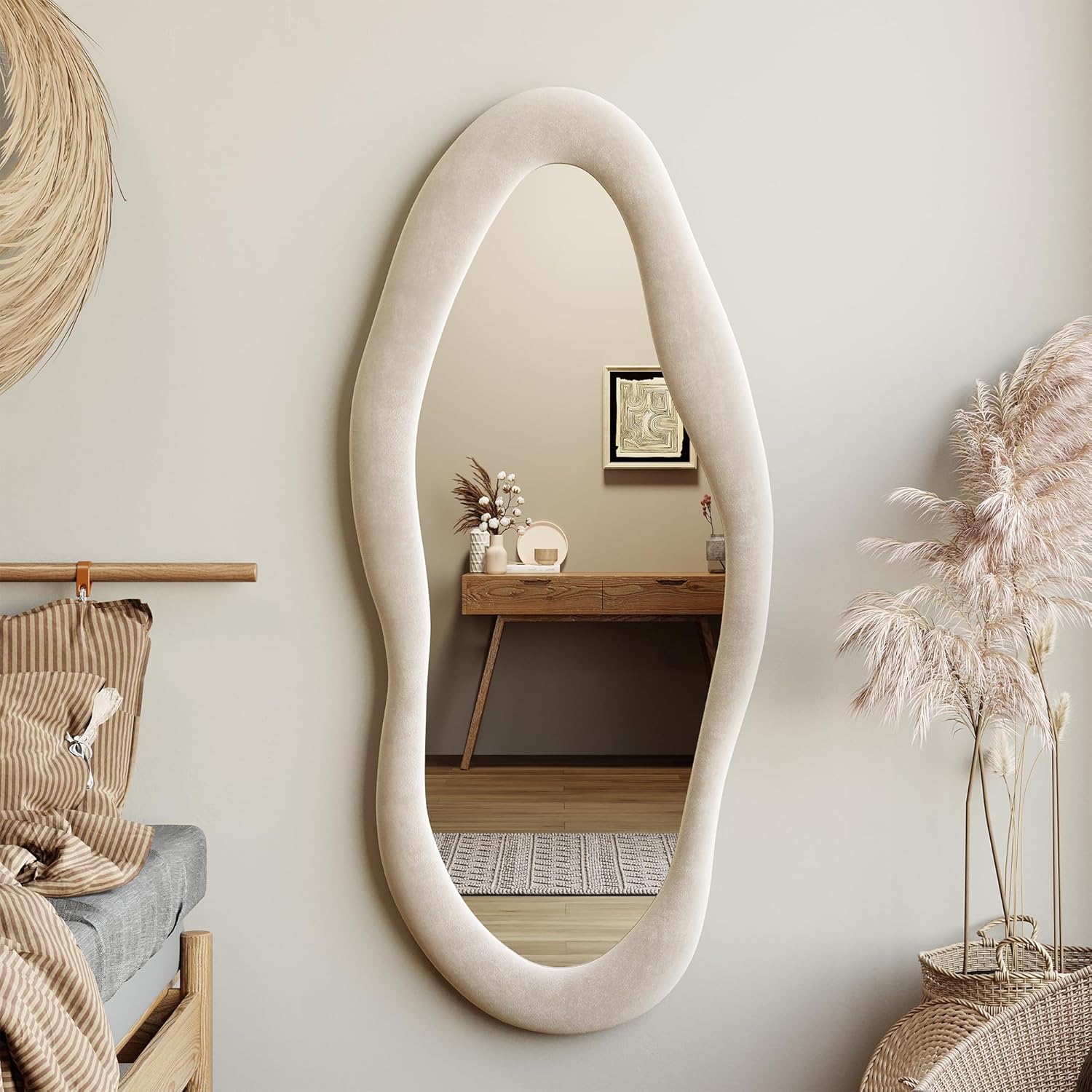 Honyee Full Length Mirror, 63" x 24" Wall Mirror, Flannel Wrapped Wooden Frame Full Body Mirror, Irregular Wavy Mirror Hanging or Leaning Against Wall for Cloakroom/Bedroom/Living Room, Ivory White