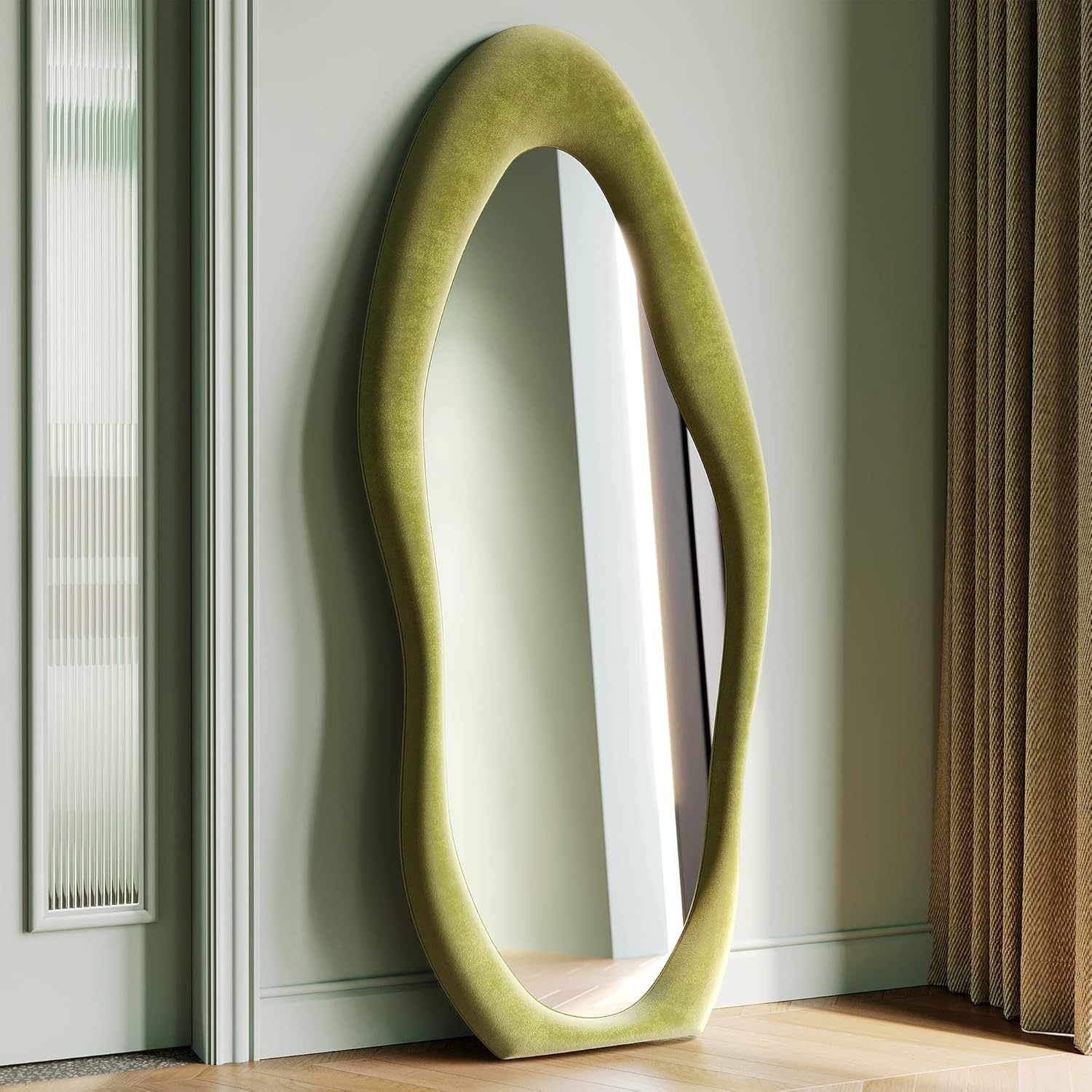 Honyee Full Length Mirror, 63" x 24" Wall Mirror, Flannel Wrapped Wooden Frame Full Body Mirror, Irregular Wavy Mirror Hanging or Leaning Against Wall for Cloakroom/Bedroom/Living Room, Ivory White