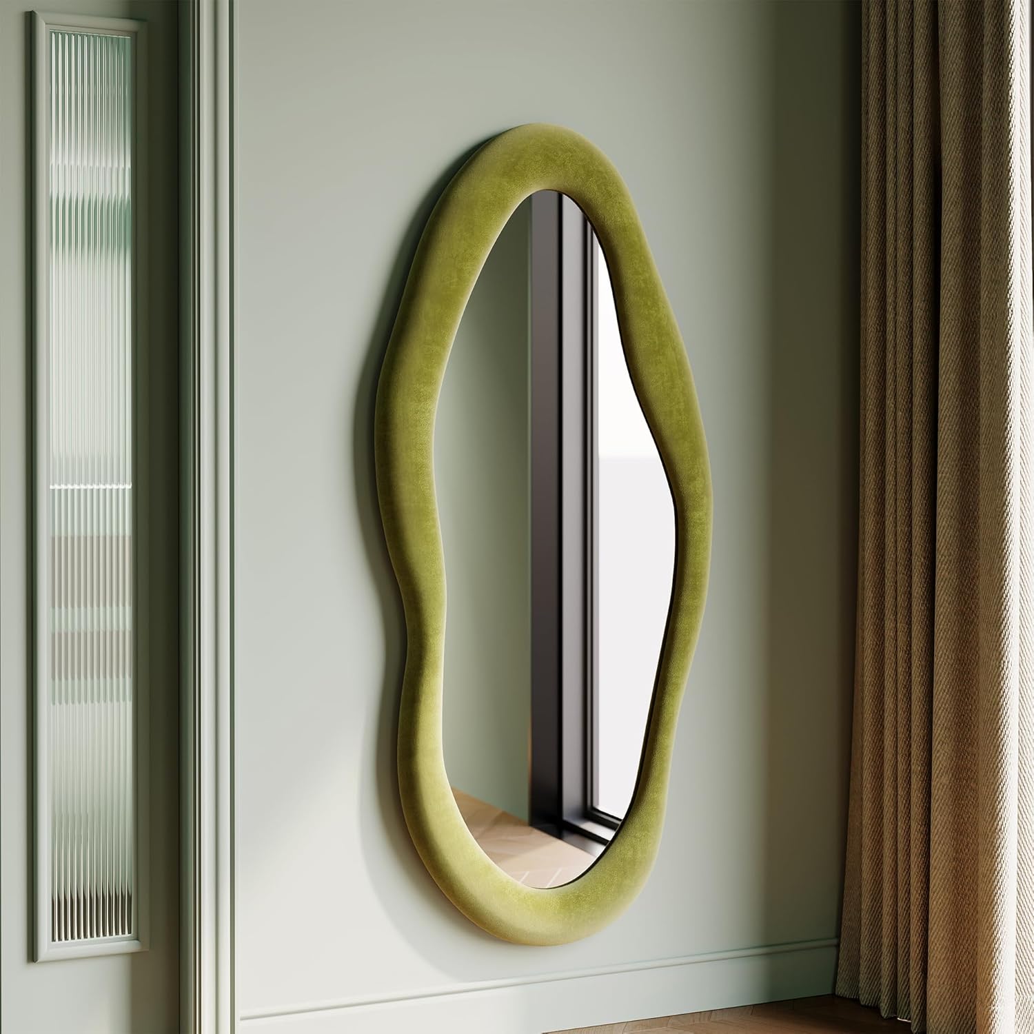 Honyee Full Length Mirror, 63" x 24" Wall Mirror, Flannel Wrapped Wooden Frame Full Body Mirror, Irregular Wavy Mirror Hanging or Leaning Against Wall for Cloakroom/Bedroom/Living Room, Ivory White