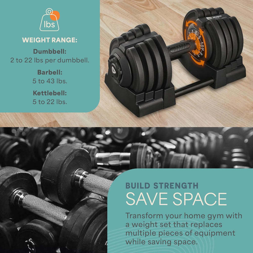 Lifepro Adjustable Dumbbells Set/Single - 15lb 43lb 55lb 25 lb Dumbbell Sets with Rack - Quick Adjust, Secure Grip weights dumbbells set - Compact Hand Weights for Women/Men at Home Gym