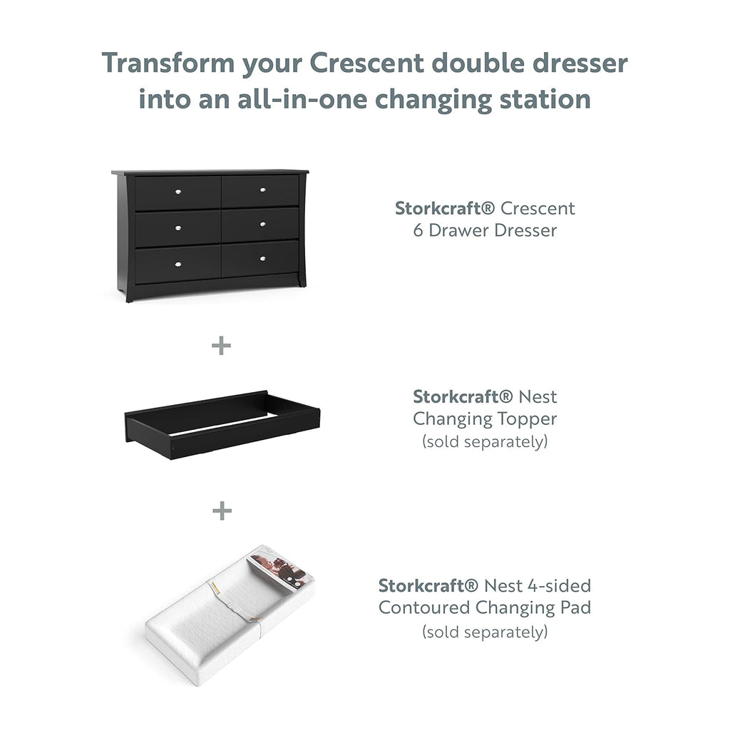 Storkcraft Crescent 6 Drawer Double Dresser (Pebble Gray) – GREENGUARD Gold Certified, For Nursery, Dresser, Kids Nursery Organizer, Chest of Drawers