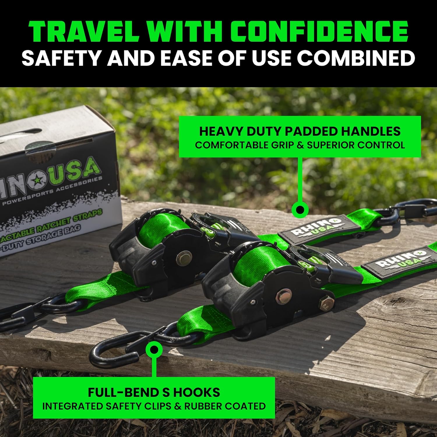 Rhino USA Retractable Ratchet Straps (2-Pack) - 2 Inch x 10 Feet (3,033lb Break Strength) - Heavy Duty Auto Self Retracting Tie Down Straps for Truck, Cargo Trailer, Motorcycle, Rad & More - Orange