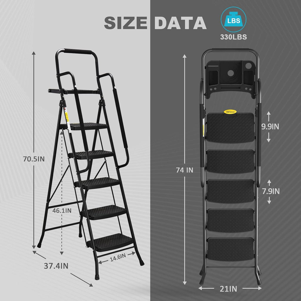 HBTower 5 Step Ladder, Folding Step Stool with Wide Anti-Slip Pedal, Sturdy Steel Ladder, Convenient Handrail, Lightweight, Portable Steel Step Stool