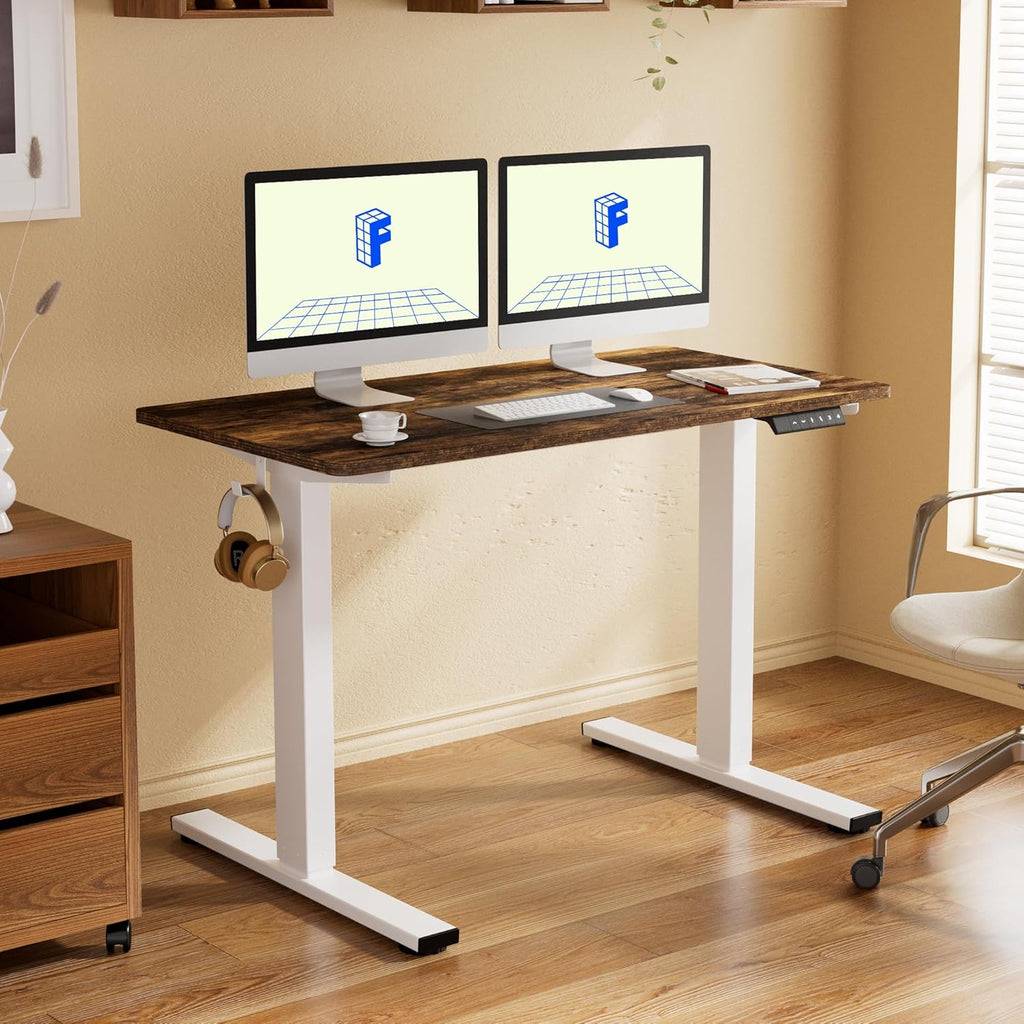 FLEXISPOT EN1 One-Piece Standing Desk 55 x 28 Inch Electric Adjustable Height Desk for Home Office and Computer Workstation (White Frame + 55" Maple Top, 2 Packages)