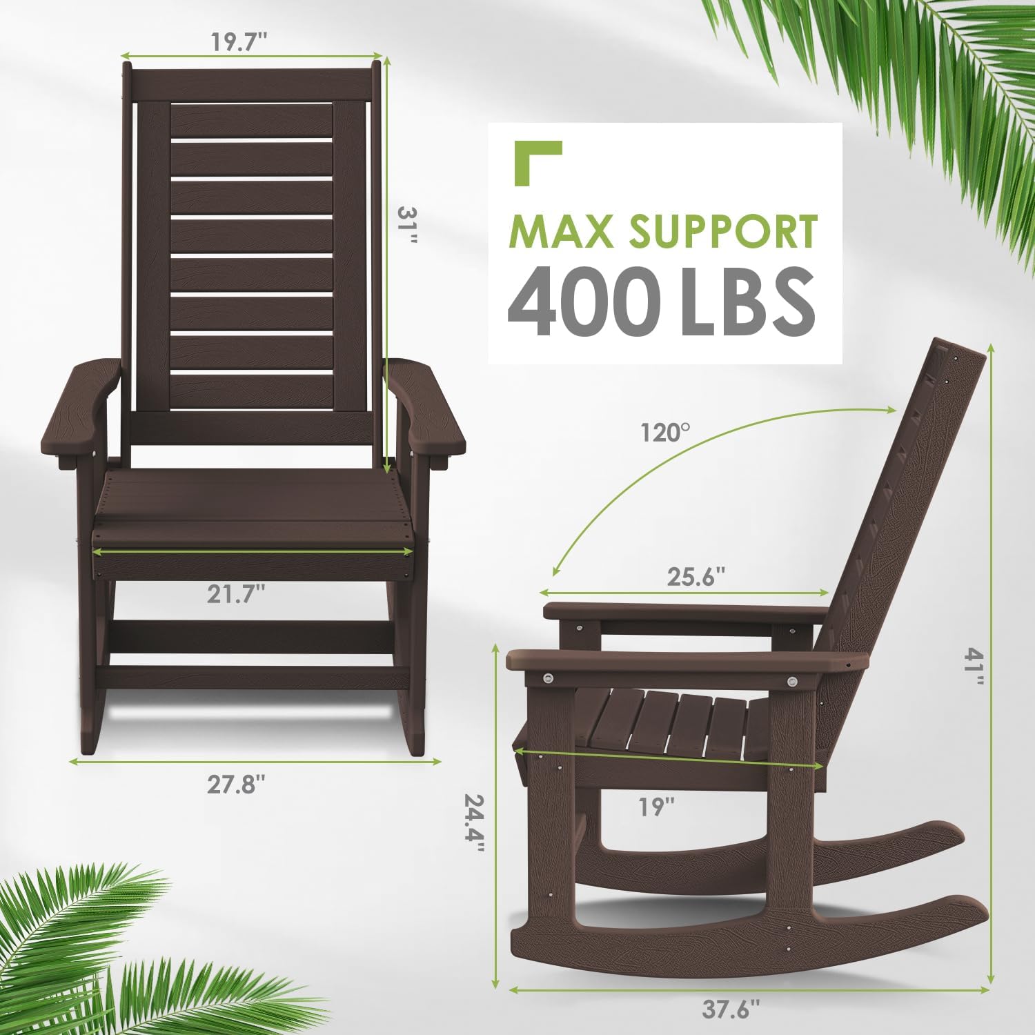 GREENVINES Outdoor Rocking Chairs | Set of 2 | Porch Rocker | HDPE Plastic | Black | Oversized Rockers | High Back | Big & Tall | Ladder Back | for Patio Outside Backyard Balcony Garden