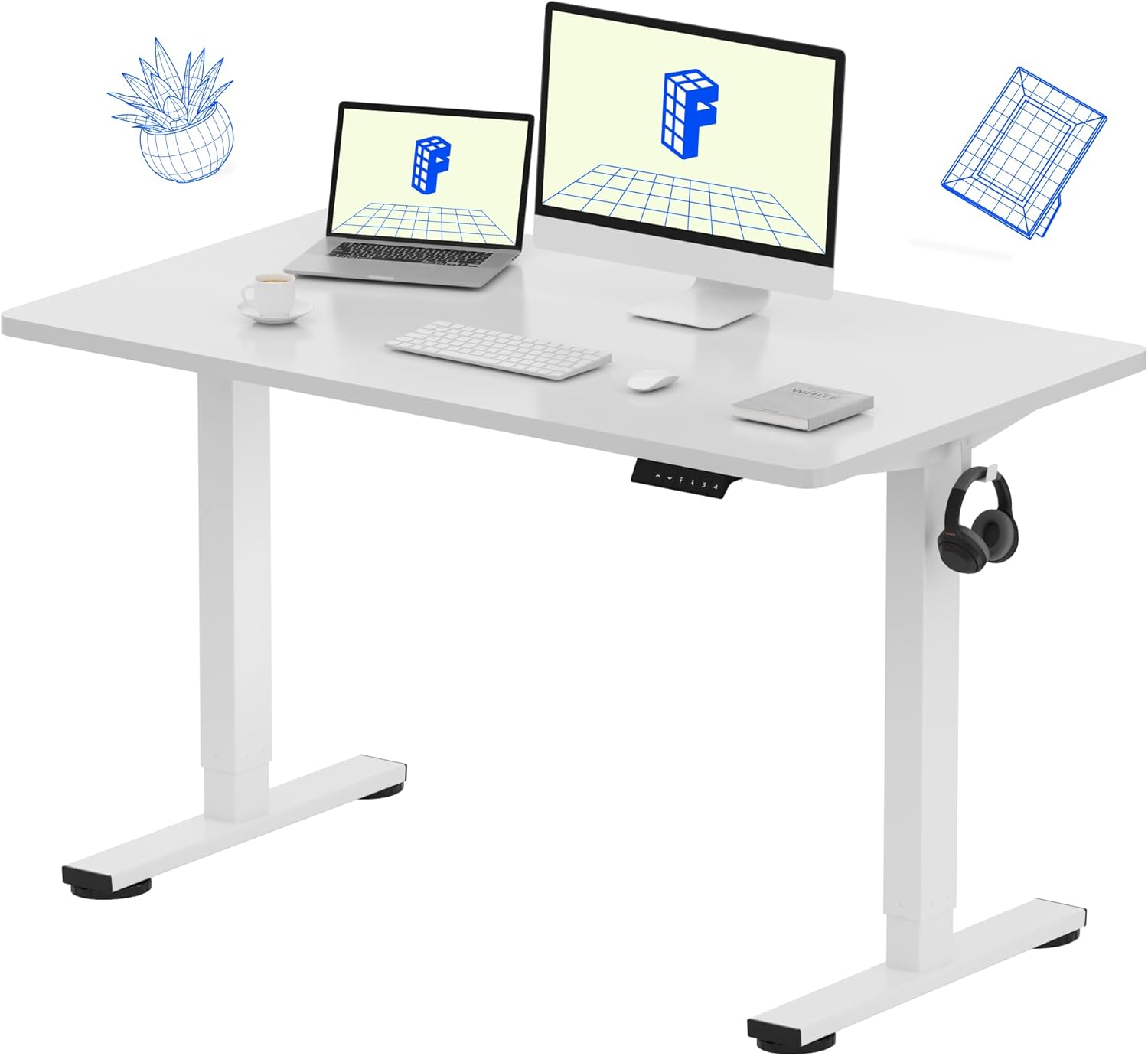 FLEXISPOT EN1 One-Piece Standing Desk 55 x 28 Inch Electric Adjustable Height Desk for Home Office and Computer Workstation (White Frame + 55" Maple Top, 2 Packages)