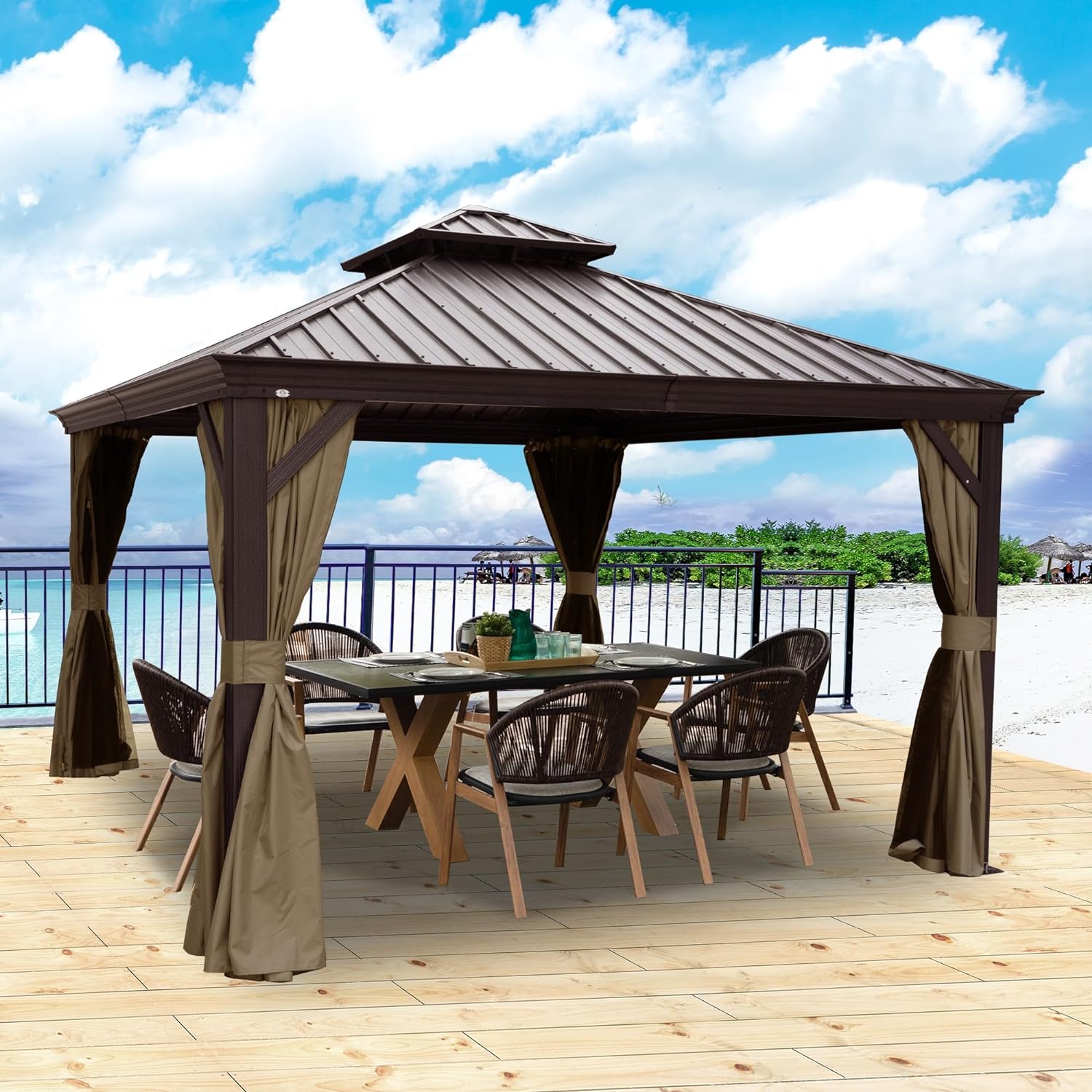 Kozyard Alexander 10' X 12' Hardtop, Aluminum Metal Gazebo with Galvanized Steel Double Roof Canopy, Curtain and Netting, Permanent Pavilion for Patio, Backyard, Deck, Lawn (Gray)