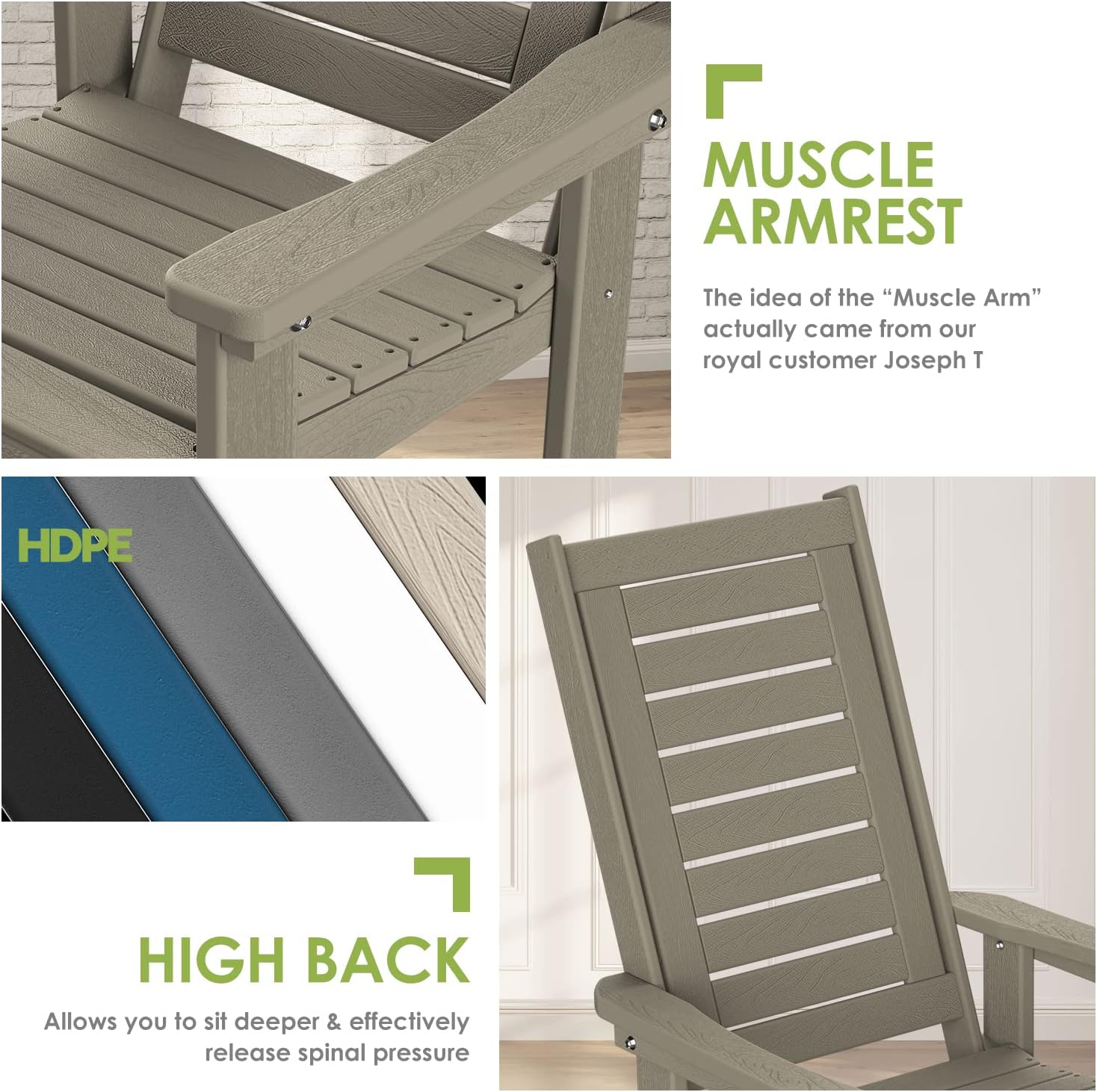 GREENVINES Outdoor Rocking Chairs | Set of 2 | Porch Rocker | HDPE Plastic | Black | Oversized Rockers | High Back | Big & Tall | Ladder Back | for Patio Outside Backyard Balcony Garden