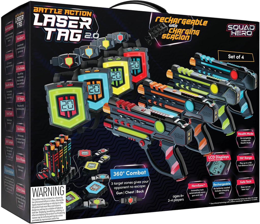 Squad Hero Rechargeable Laser Tag 360° Sensors + LCDs - Set of 4 - Gift Ideas for Kids Teens and Adults Boys & Girls Family Fun - Cool Teenage Lazer Group Activity - Teen Gifts Ages 8+ Year Old Boy
