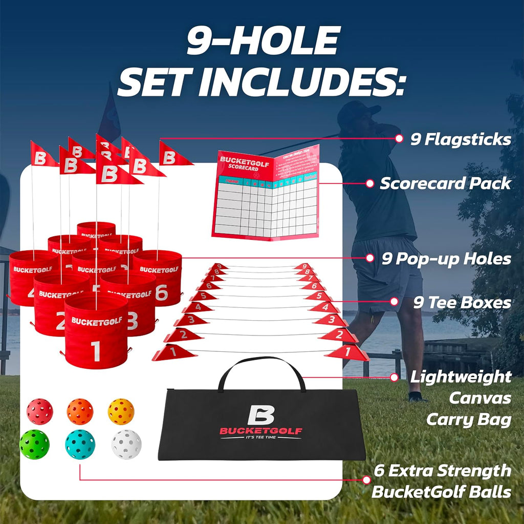 bucketgolf Game 9 Hole Bundle with Clubs - Outdoor Golf Game for All Ages Adults, Kids, Family. Play Golf Anywhere Yards, Beach, Park, Backyard Game. (2 Clubs (2 RH))