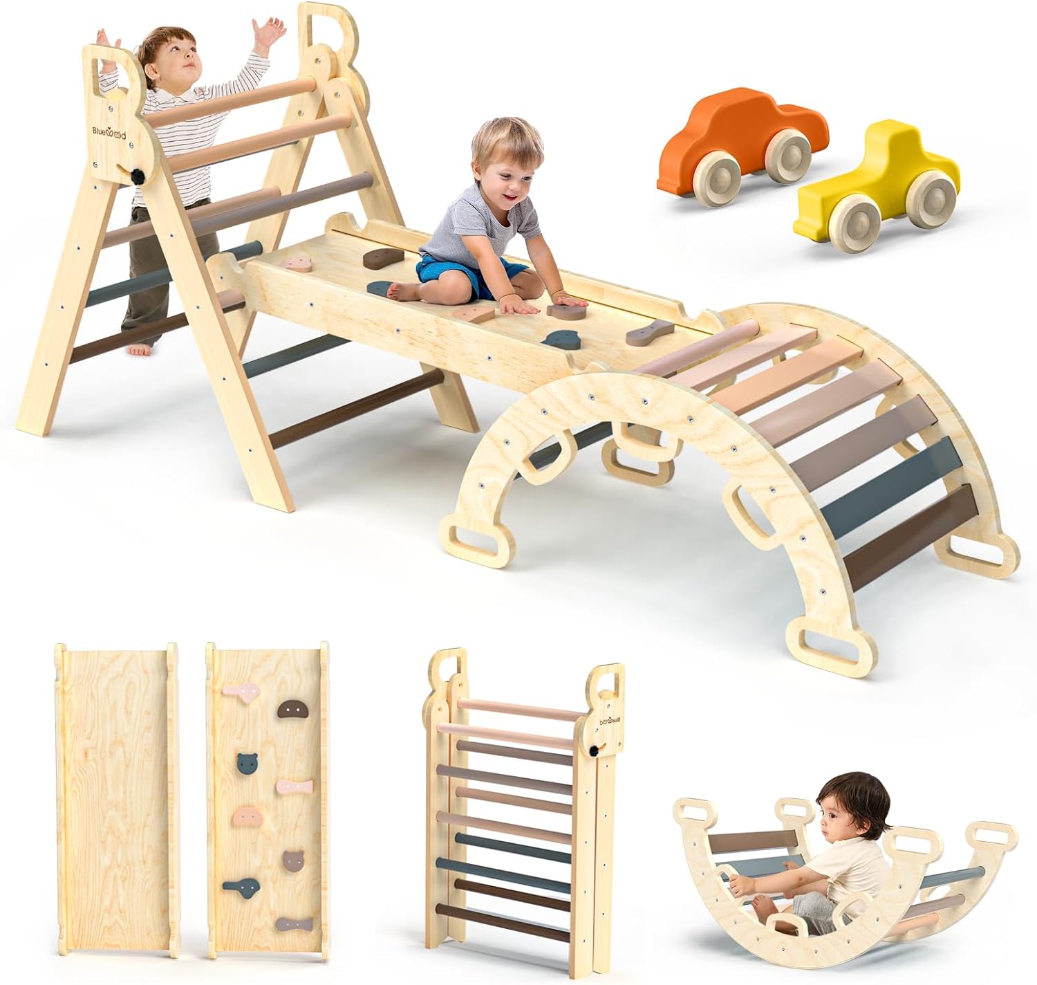 BlueWood Pikler Triangle Set 7in1 Foldable Baby Climbing Wooden Toys with Arch&Ramp&Ladder Climber Indoor Jungle Gyms for Toddlers - Natural Wood