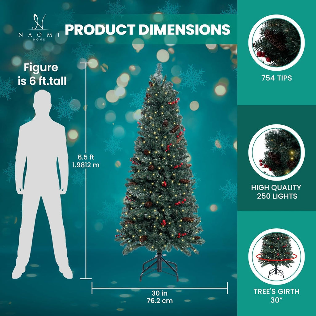 Naomi Home 6.5ft Rustic Christmas Tree with Lights, Realistic Classic Prelit with 2595 Branch Tips, 600 Warm Lights and Metal Stand, Aritificial Tree