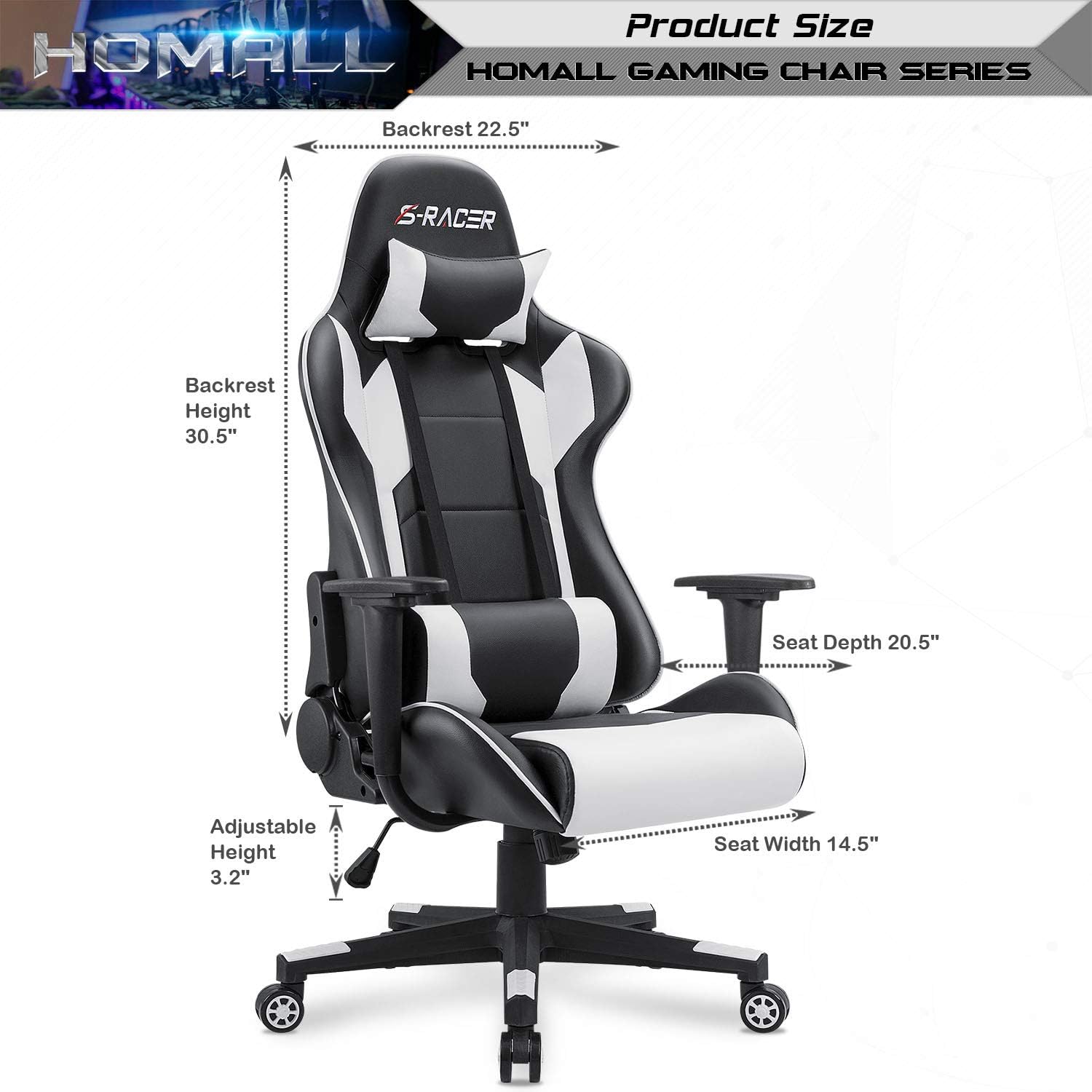 Homall Gaming Chair, Office Chair High Back Computer Chair Leather Desk Chair Racing Executive Ergonomic Adjustable Swivel Task Chair with Headrest and Lumbar Support (Dark Black)