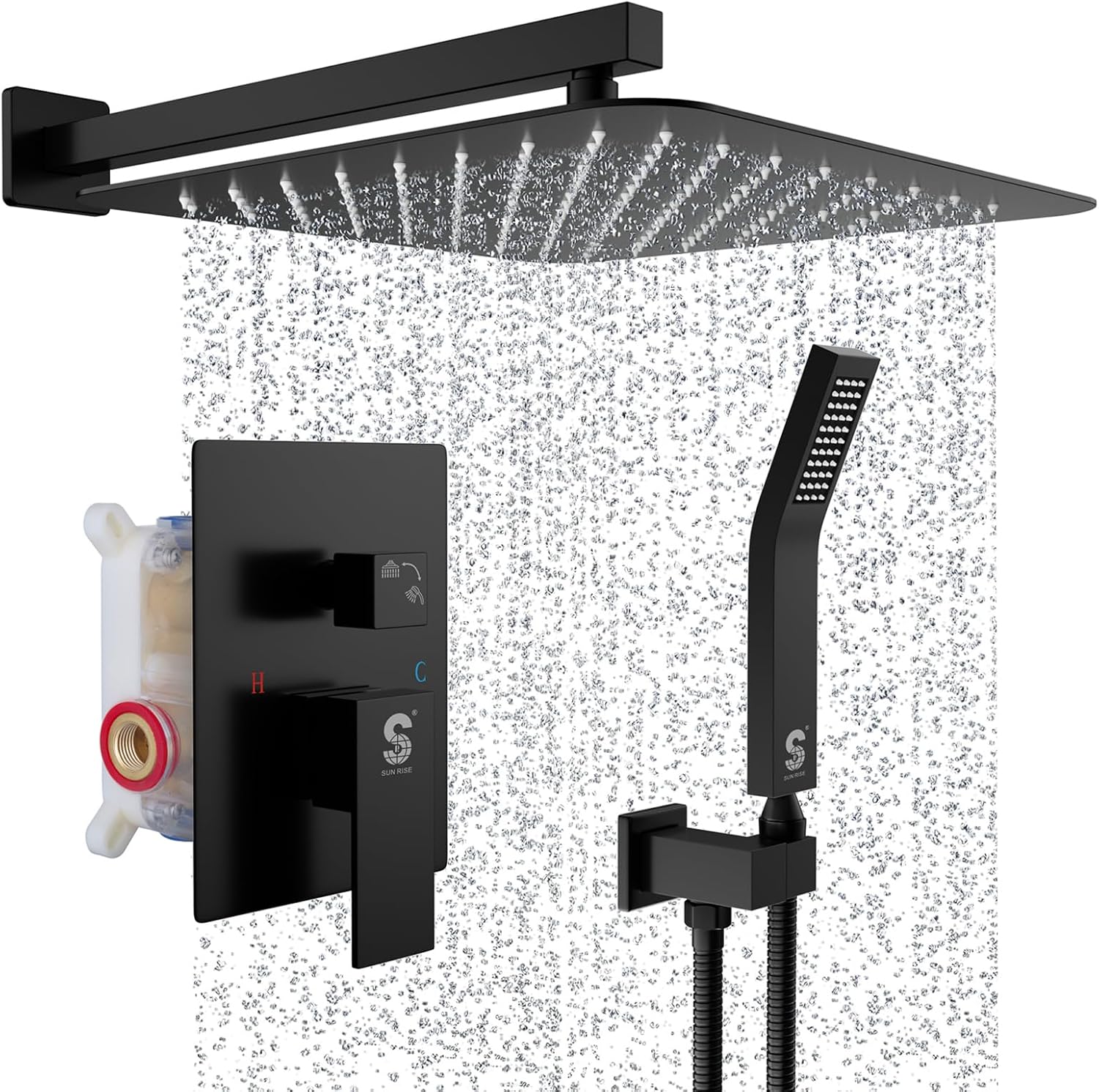 SR SUN RISE 12 Inches Matte Black Shower System 12 Inch Brass Bathroom Luxury Rain Mixer Shower Combo Set Wall Mounted Rainfall Shower Head System Shower Faucet Rough-in Valve Body and Trim Included