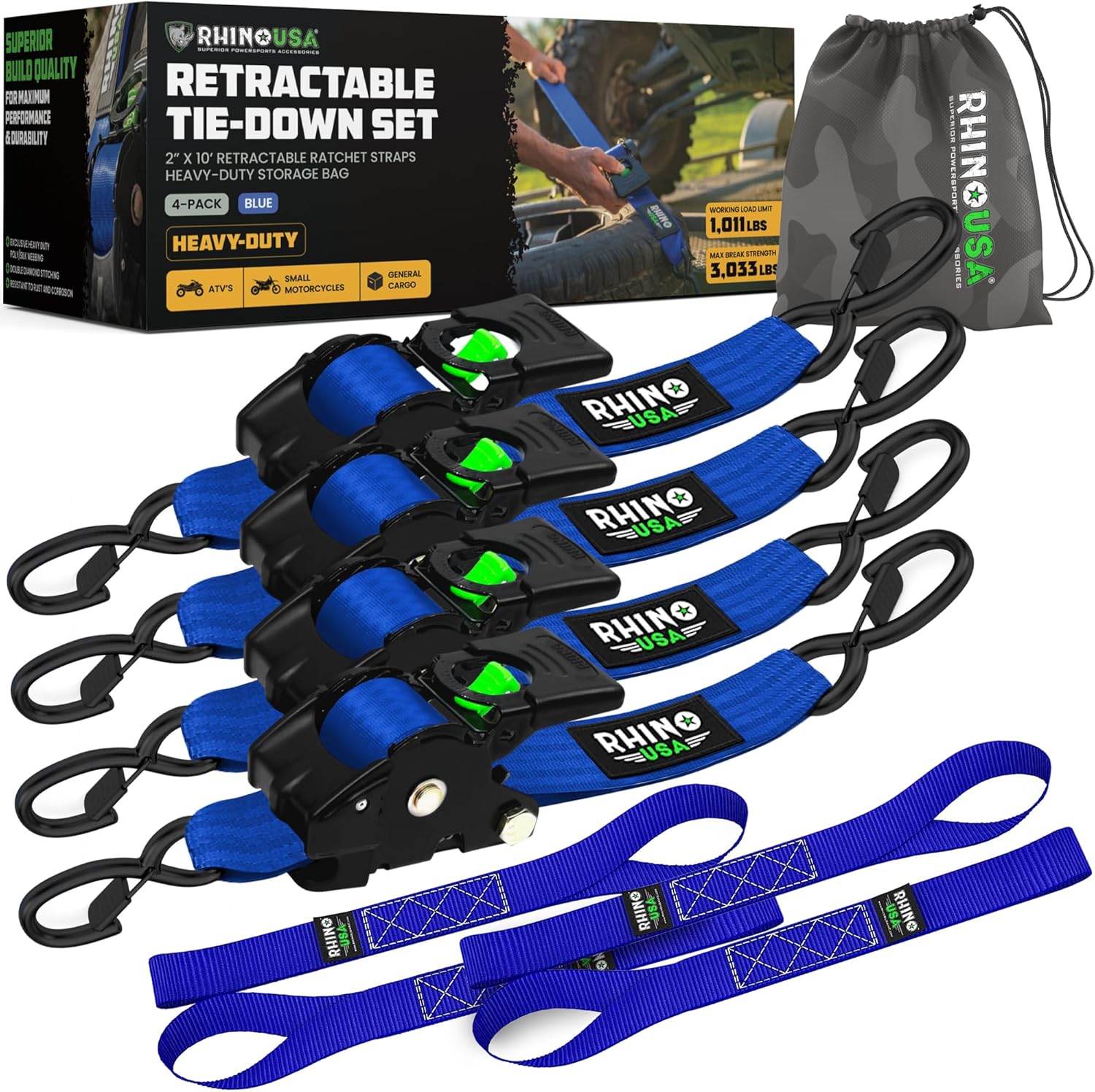 Rhino USA Retractable Ratchet Straps (2-Pack) - 2 Inch x 10 Feet (3,033lb Break Strength) - Heavy Duty Auto Self Retracting Tie Down Straps for Truck, Cargo Trailer, Motorcycle, Rad & More - Orange