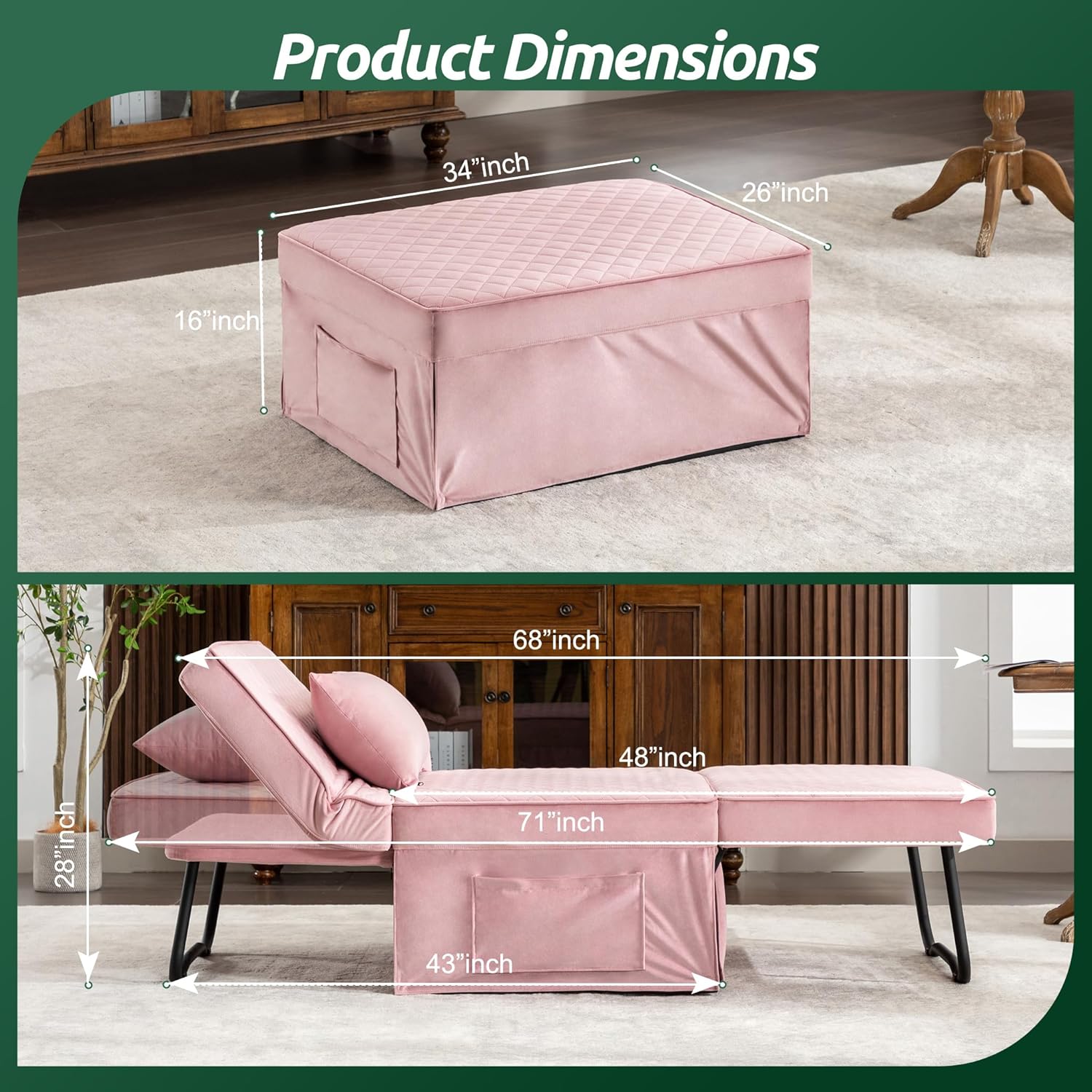 Sofa Bed, 4 in 1 Multi-Function Folding Ottoman Breathable Linen Couch Bed with Adjustable Backrest Modern Convertible Chair for Living Room Apartment Office