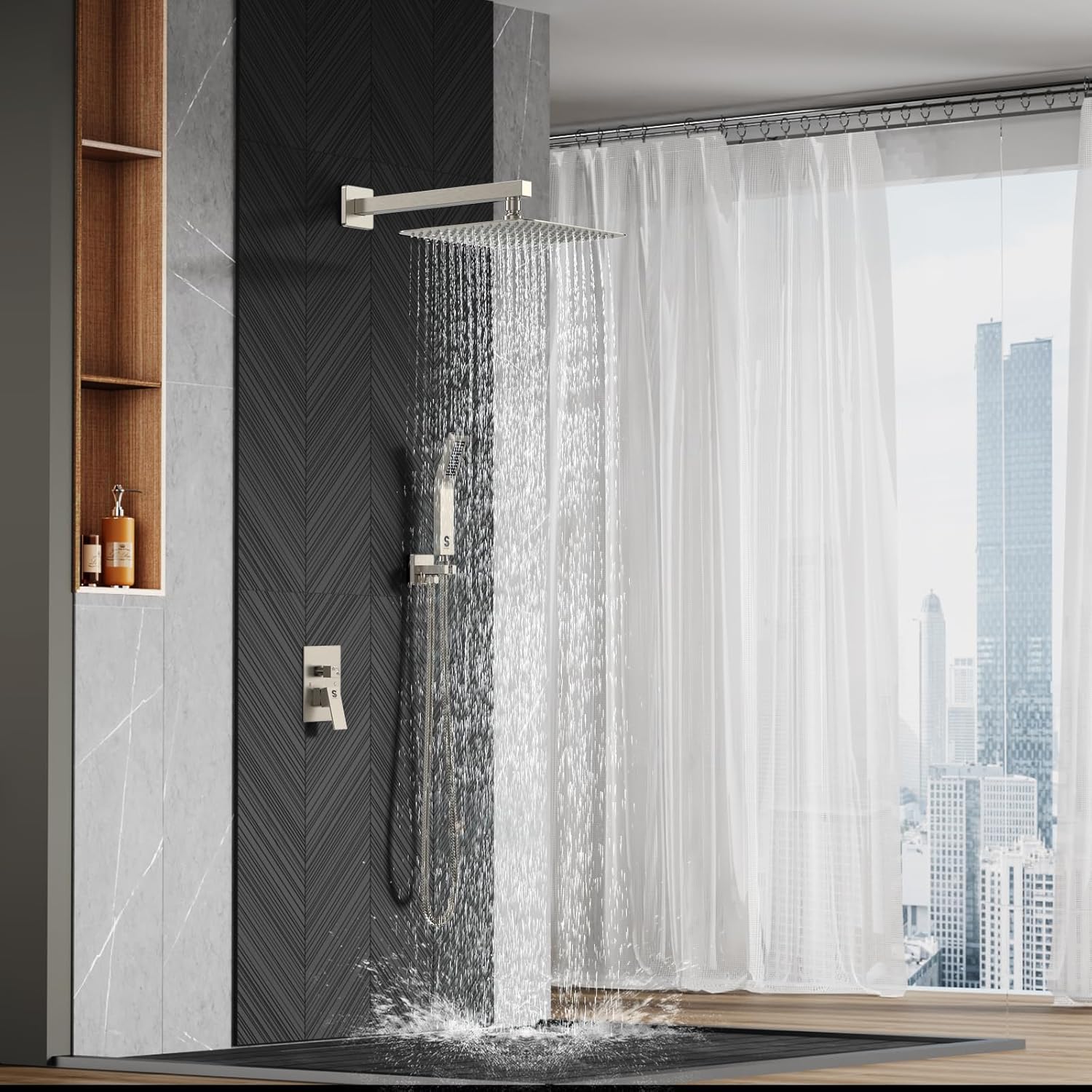SR SUN RISE 12 Inches Matte Black Shower System 12 Inch Brass Bathroom Luxury Rain Mixer Shower Combo Set Wall Mounted Rainfall Shower Head System Shower Faucet Rough-in Valve Body and Trim Included