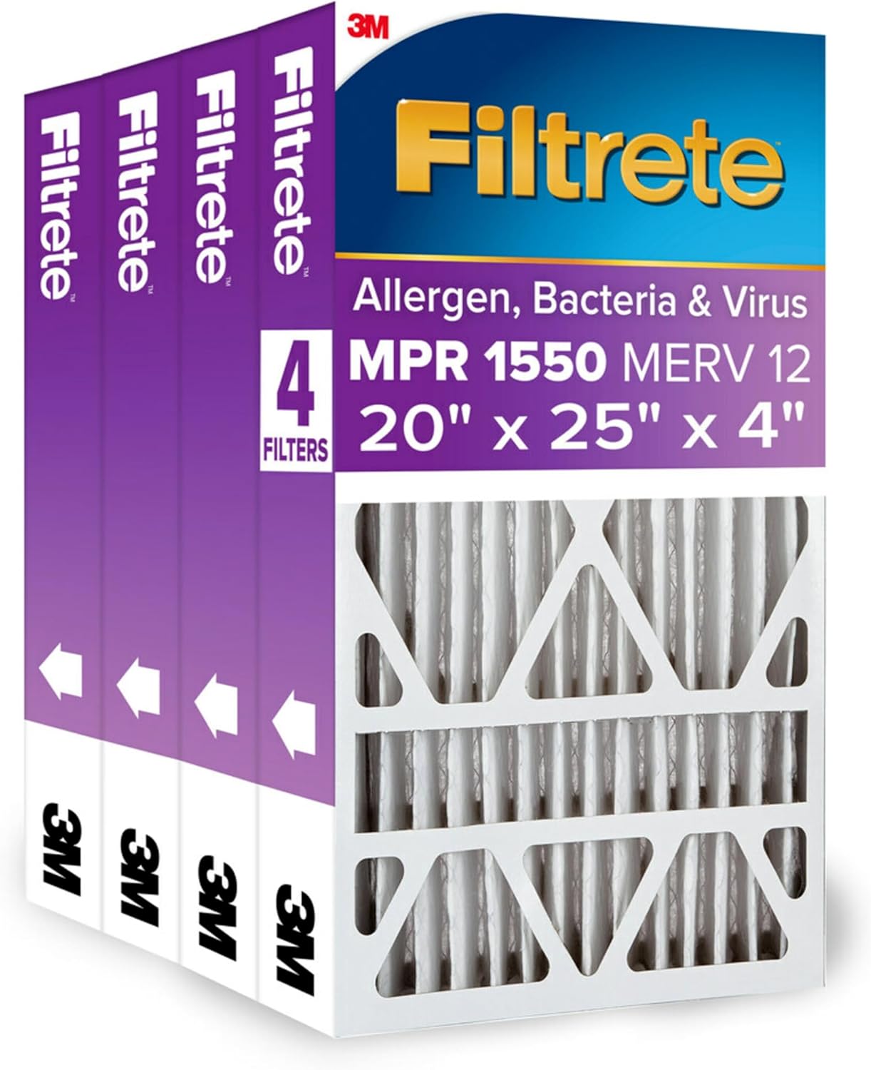 Filtrete 20x25x4 AC Furnace Air Filter, MPR 1550, MERV 12, Fits Lennox & Honeywell, Allergen, Bacteria & Virus, , Electrostatic Air Cleaning Filter, 4-Pack (actual size 19.88 x 24.63 x 4.31)