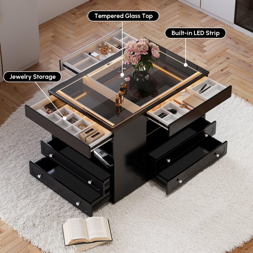 homary 47" Walk-in Closet Vanity Island with LED Light, Jewelry Drawer Organizer, Glass Top, 9 Storage Drawers – Modern Dresser for Bedroom or Dressing Room (Black)