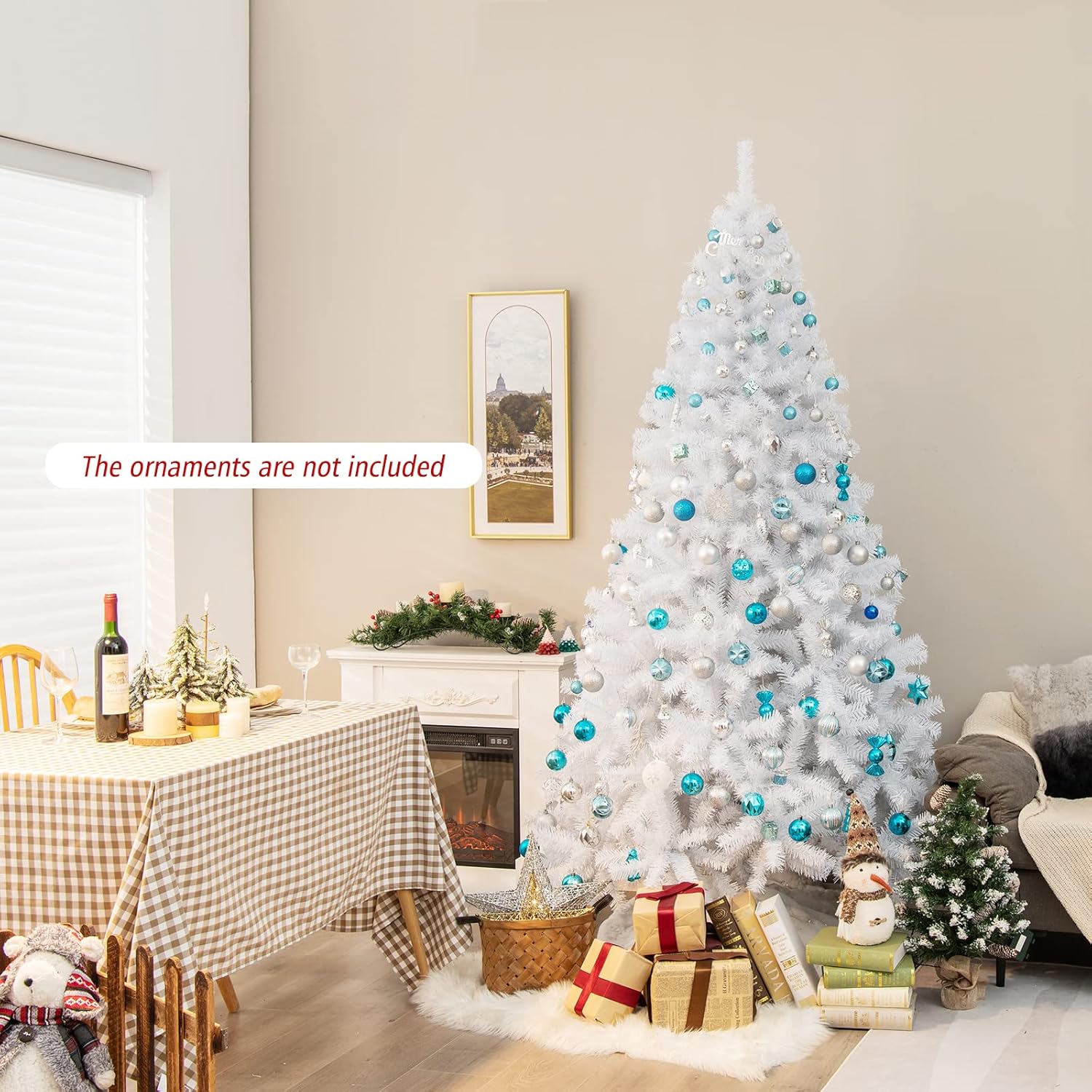 Goplus 7ft Artificial White Christmas Tree Xmas Pine Tree with Solid Metal Legs Perfect for Indoor and Outdoor Holiday Decoration