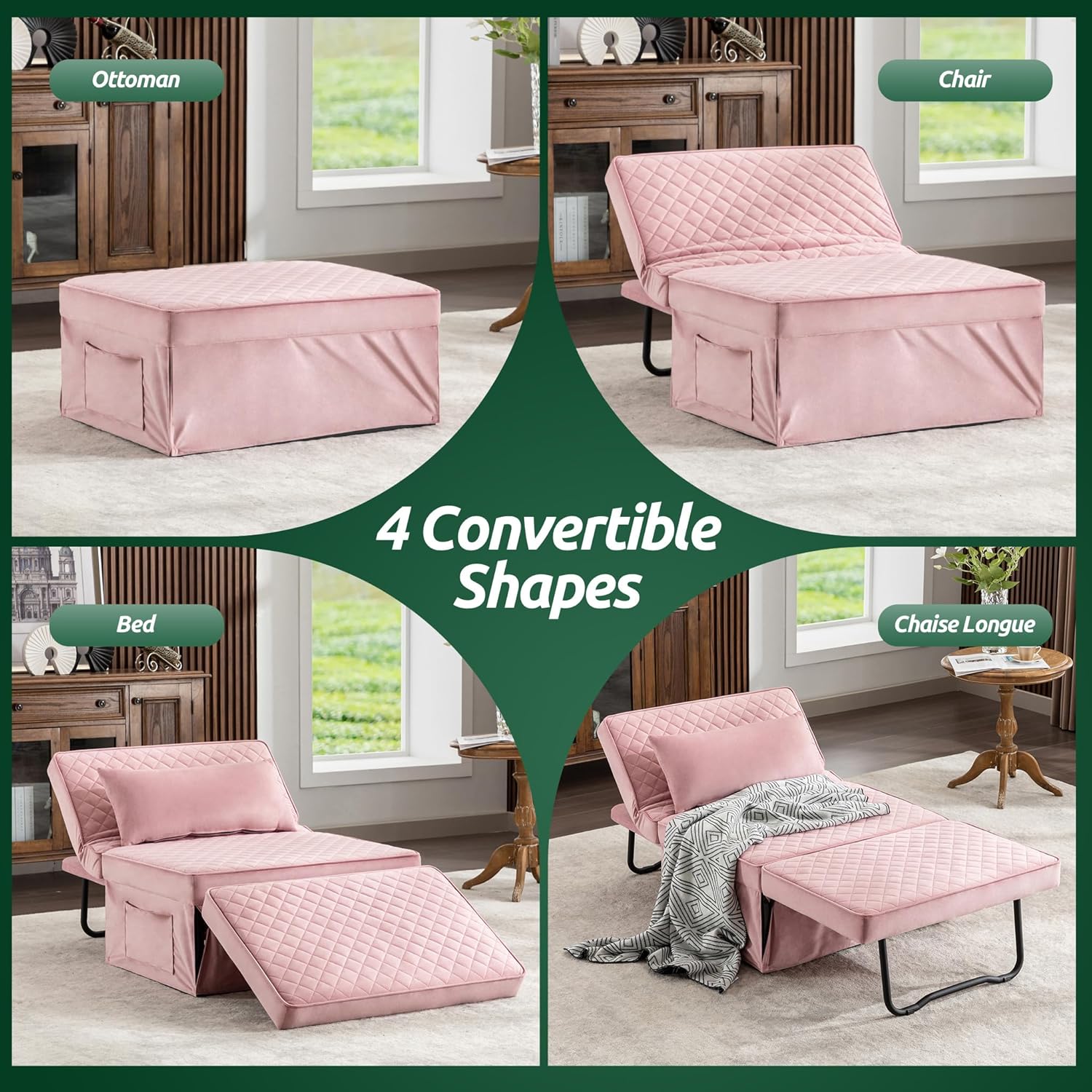 Sofa Bed, 4 in 1 Multi-Function Folding Ottoman Breathable Linen Couch Bed with Adjustable Backrest Modern Convertible Chair for Living Room Apartment Office