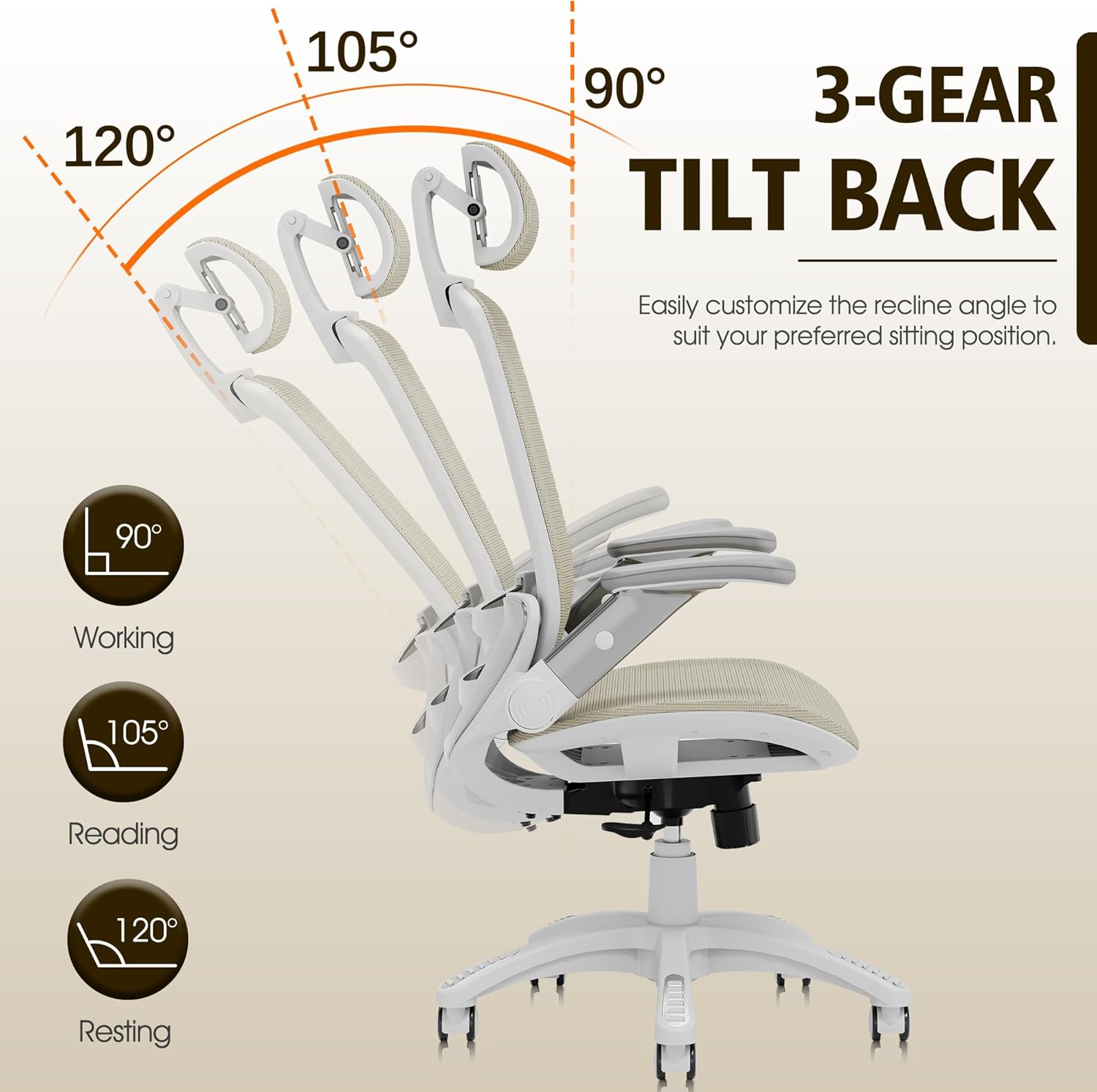 GABRYLLY Ergonomic Office Chair, High Back Home Desk Chair with Headrest, Flip-Up Arms, 90-120° Tilt Lock and Wide Cushion, Big and Tall Mesh Chairs for Man Woman, Grey Task Chair